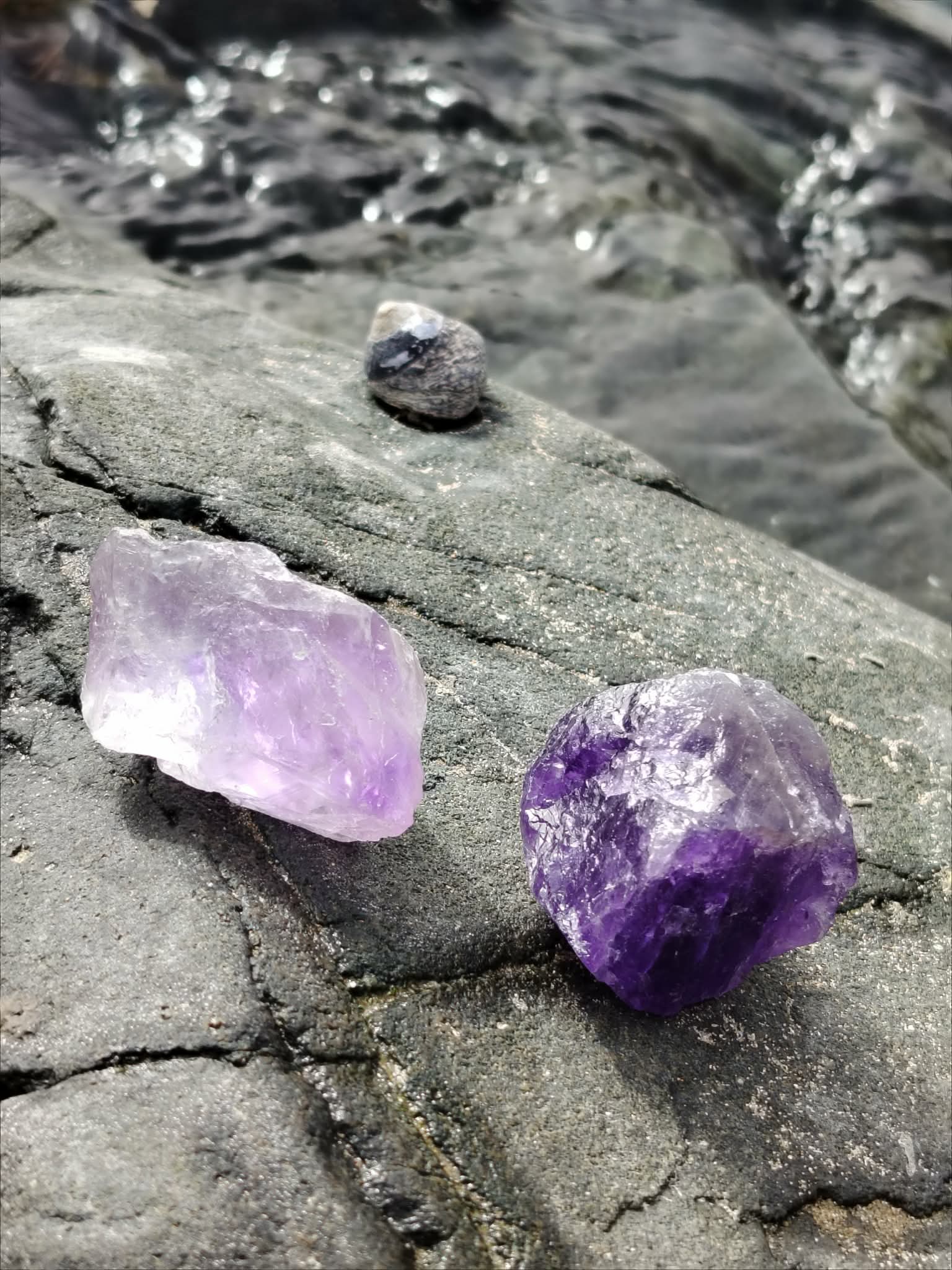 Deux améthystes brutes violettes posées sur rochers bretons près de l’eau, textures minérales et reflets marins, pour une énergie douce d’apaisement et de clarté.