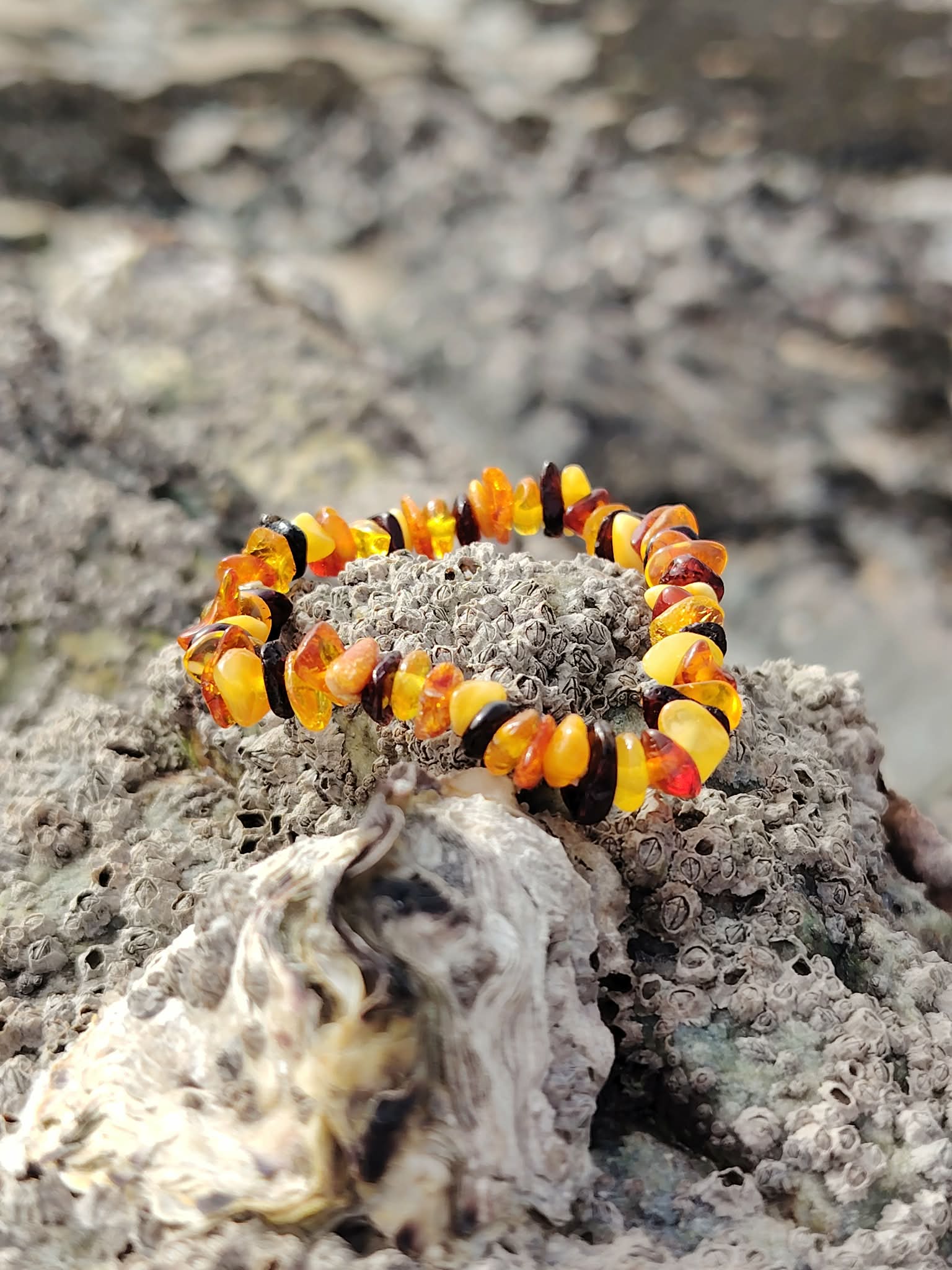 Bracelet enfant en ambre baroque sur décor minéral breton, perles naturelles miel et cognac, douceur rassurante et calme intérieur