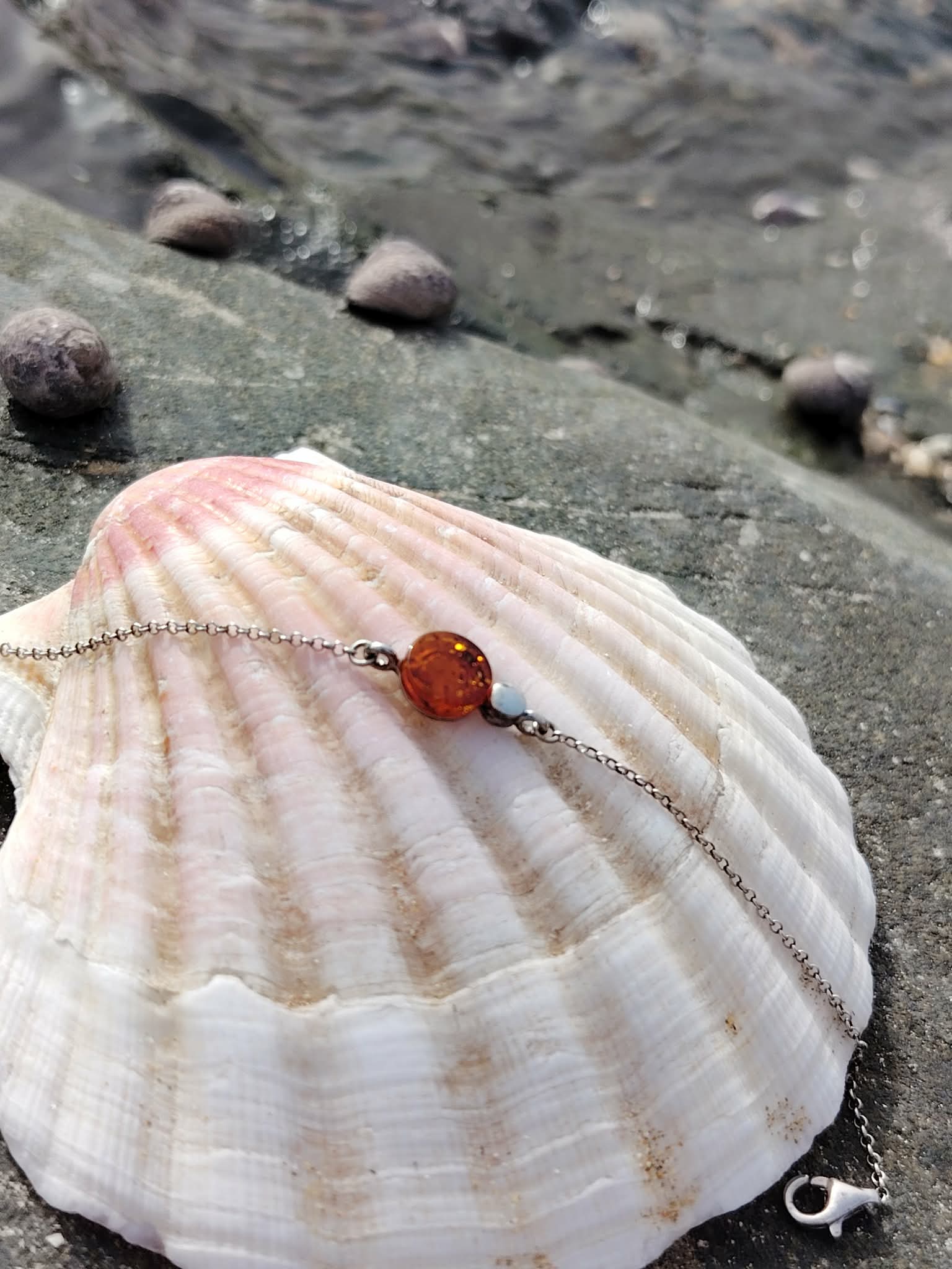 Bracelet ambre miel sur chaîne en argent rhodié posé sur coquillage strié avec galets et rochers, tendresse, réassurance et douceur du cœur.