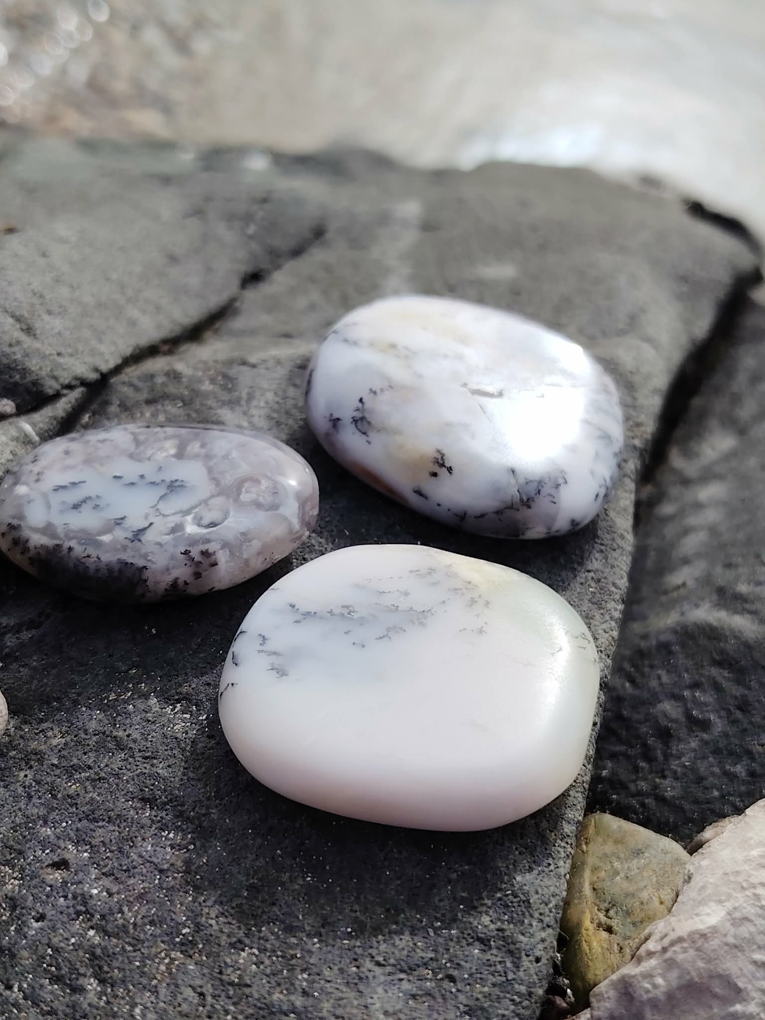 Galets de calcédoine dendritique posés sur la roche en Bretagne, dans une ambiance marine et minérale, pierres naturelles associées à la paix émotionnelle, à la lucidité et à l’équilibre intérieur.