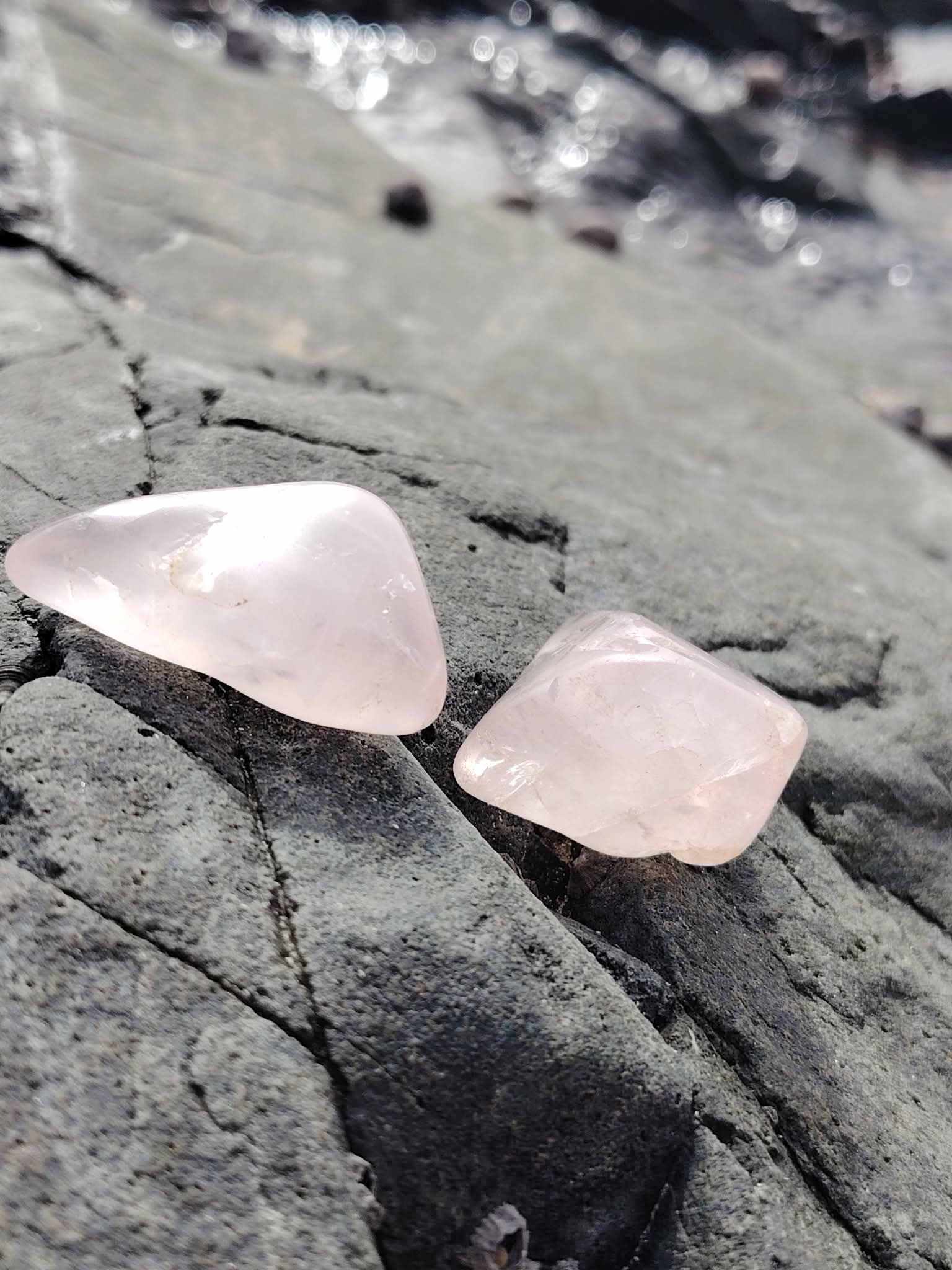 Deux pierres roulées en quartz rose naturel sur roche en Bretagne, pierres naturelles associées à la douceur du cœur, au réconfort émotionnel et à l’équilibre intérieur.
