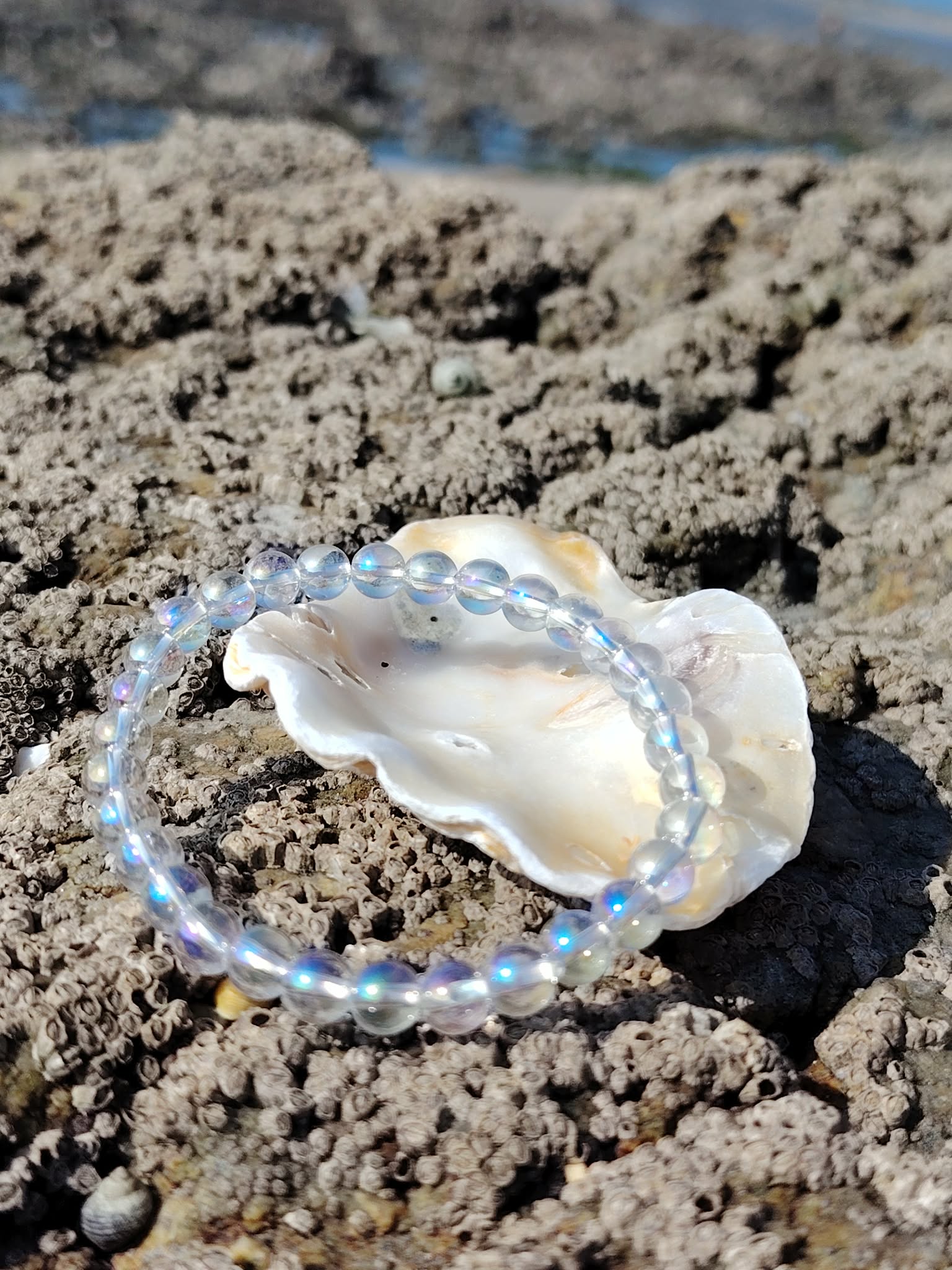 Bracelet Angel Aura 6 mm posé sur rochers en Bretagne avec coquillage blanc, perles irisées sur cristal de roche, douceur et apaisement
