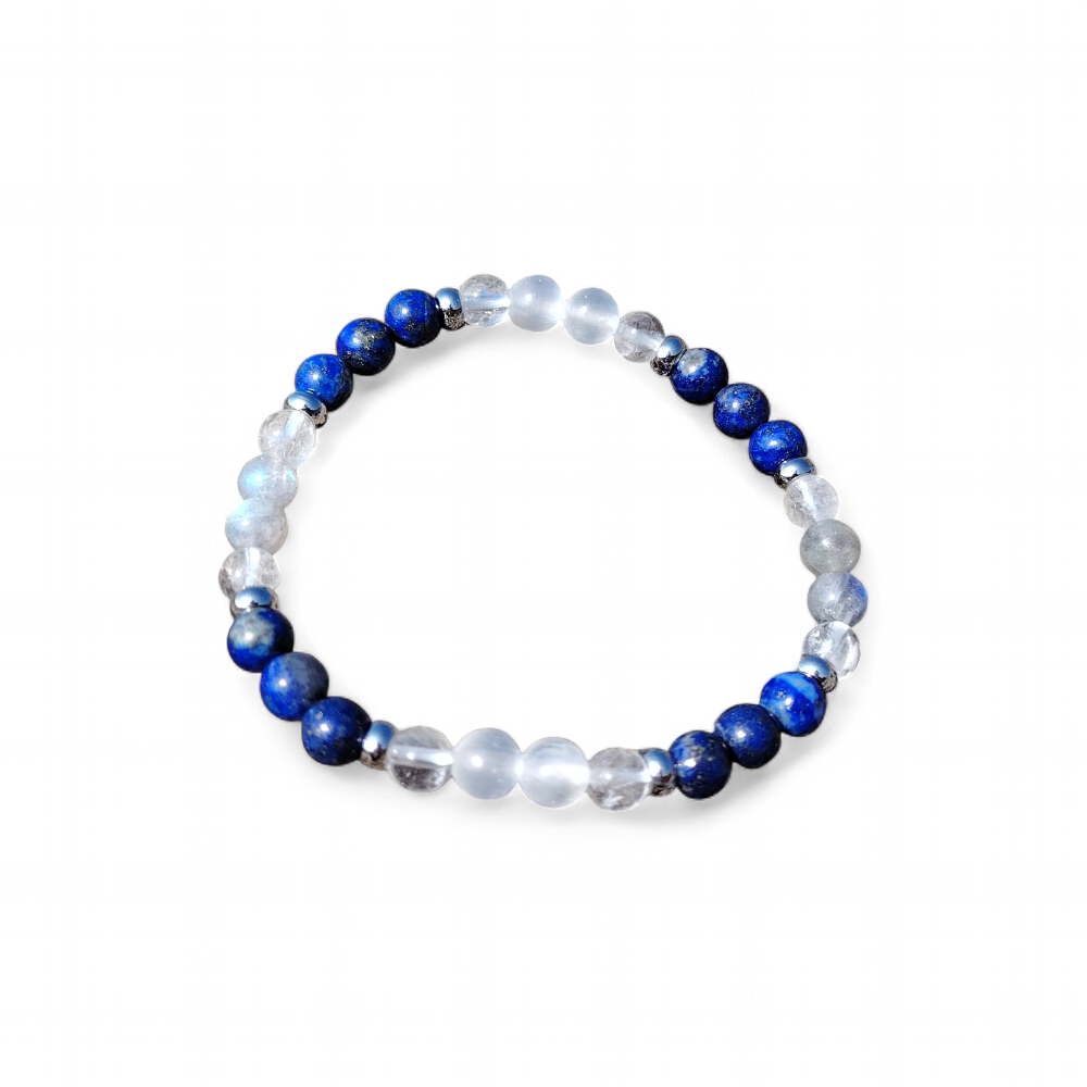 Bracelet migraine sur fond blanc, lapis-lazuli, labradorite et sélénite 6 mm pour esprit plus net, détente intérieure et ressenti plus stable