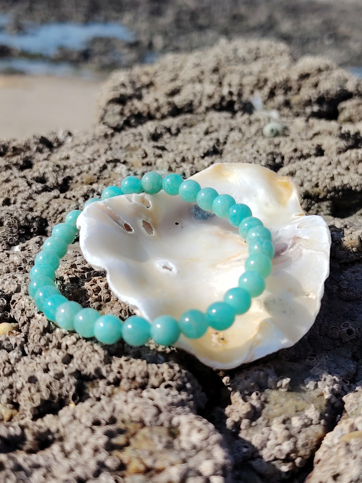 Bracelet en amazonite posé dans un coquillage sur rochers en Bretagne face à la mer, douceur émotionnelle, harmonie et sérénité
