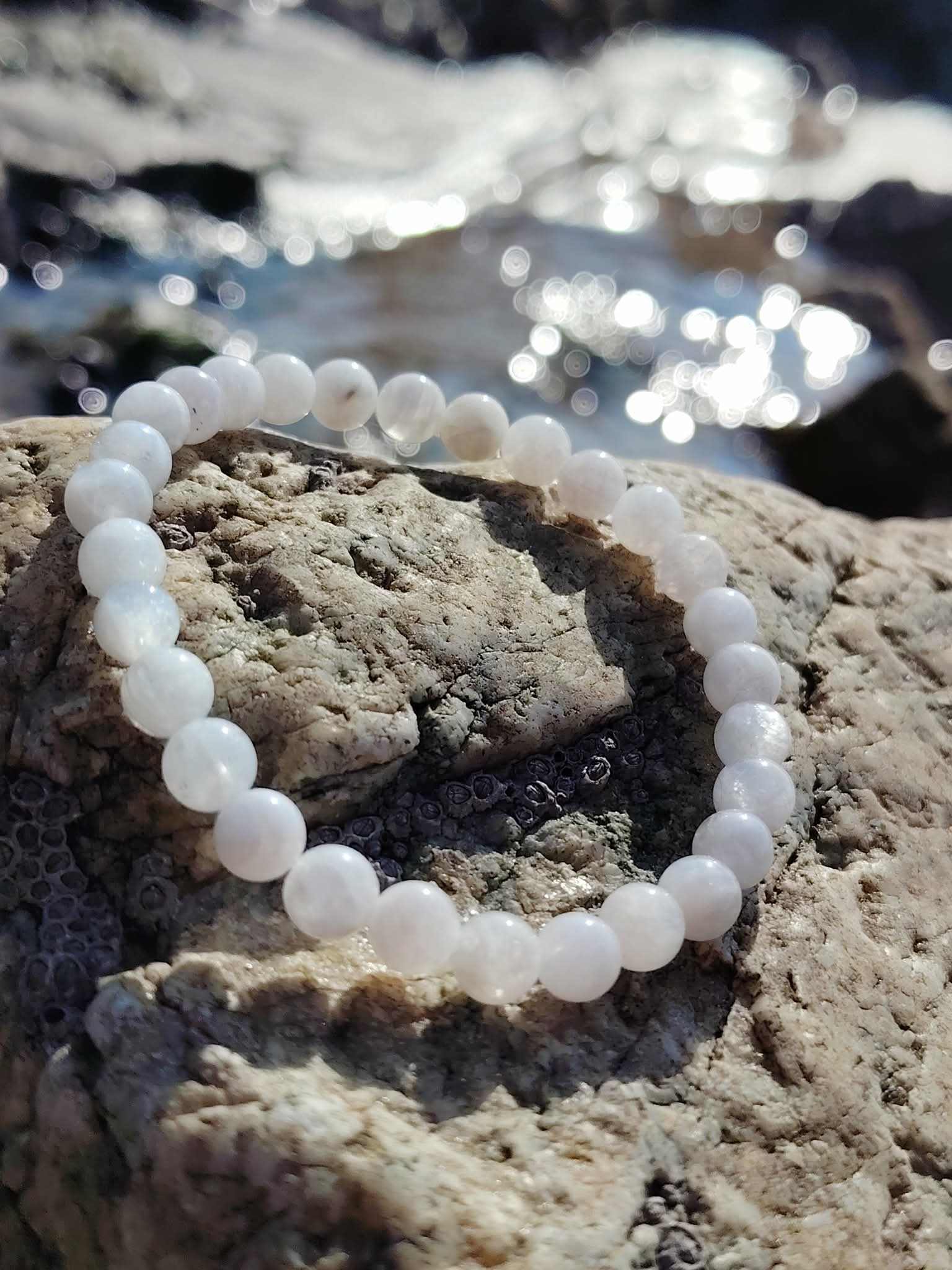 Bracelet en perles rondes bleu ciel marbré et blanches posé sur une écorce, avec coquillages flous en arrière-plan, photo Bretagne, évoquant la douceur, l’expression apaisée et l’harmonie intérieure