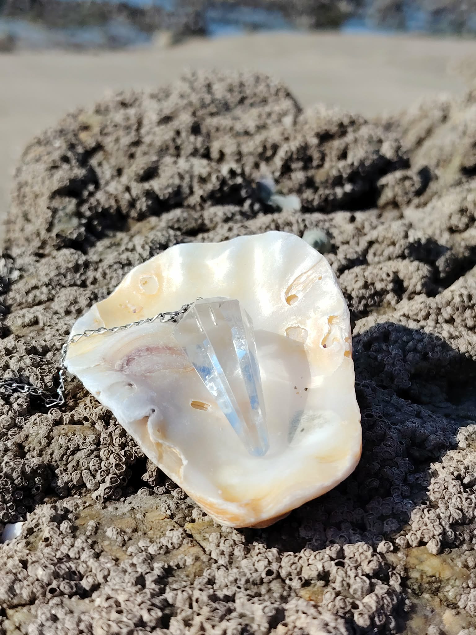 Pendule en cristal de roche posé dans un coquillage sur les rochers en Bretagne, face à la mer, dans une ambiance lumineuse évoquant clarté, intuition