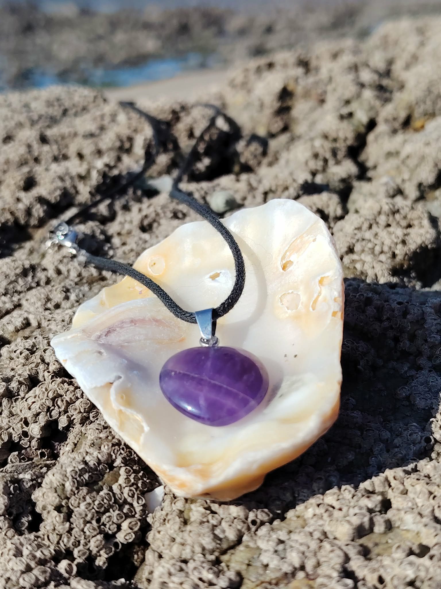 Pendentif améthyste sur cordon noir présenté dans un coquillage sur les rochers en Bretagne, apaisement du cœur et vibration sereine
