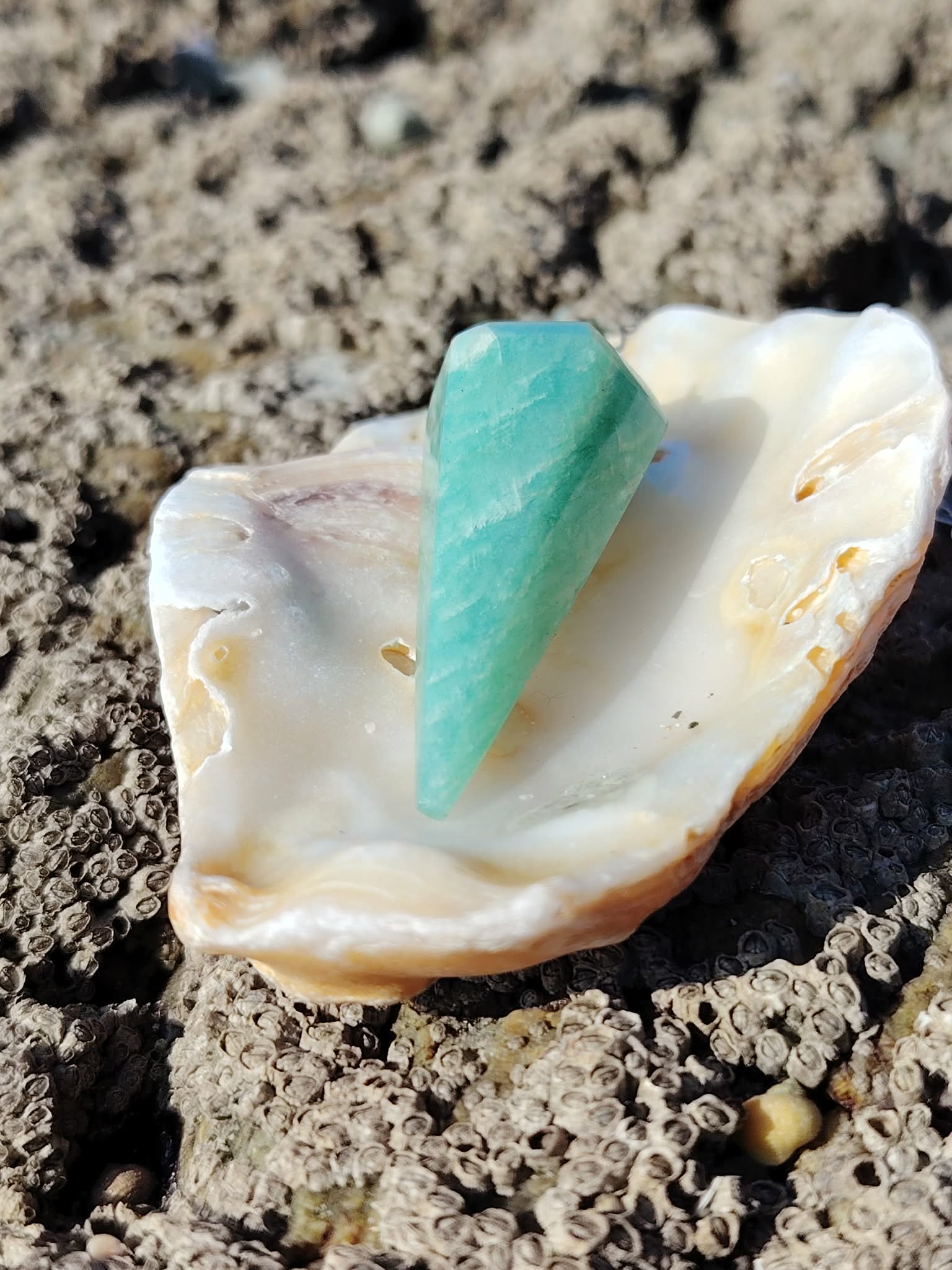 Pendule en amazonite bleu-vert dans un coquillage sur roche en Bretagne, image apaisante inspirant douceur, intuition et harmonie.