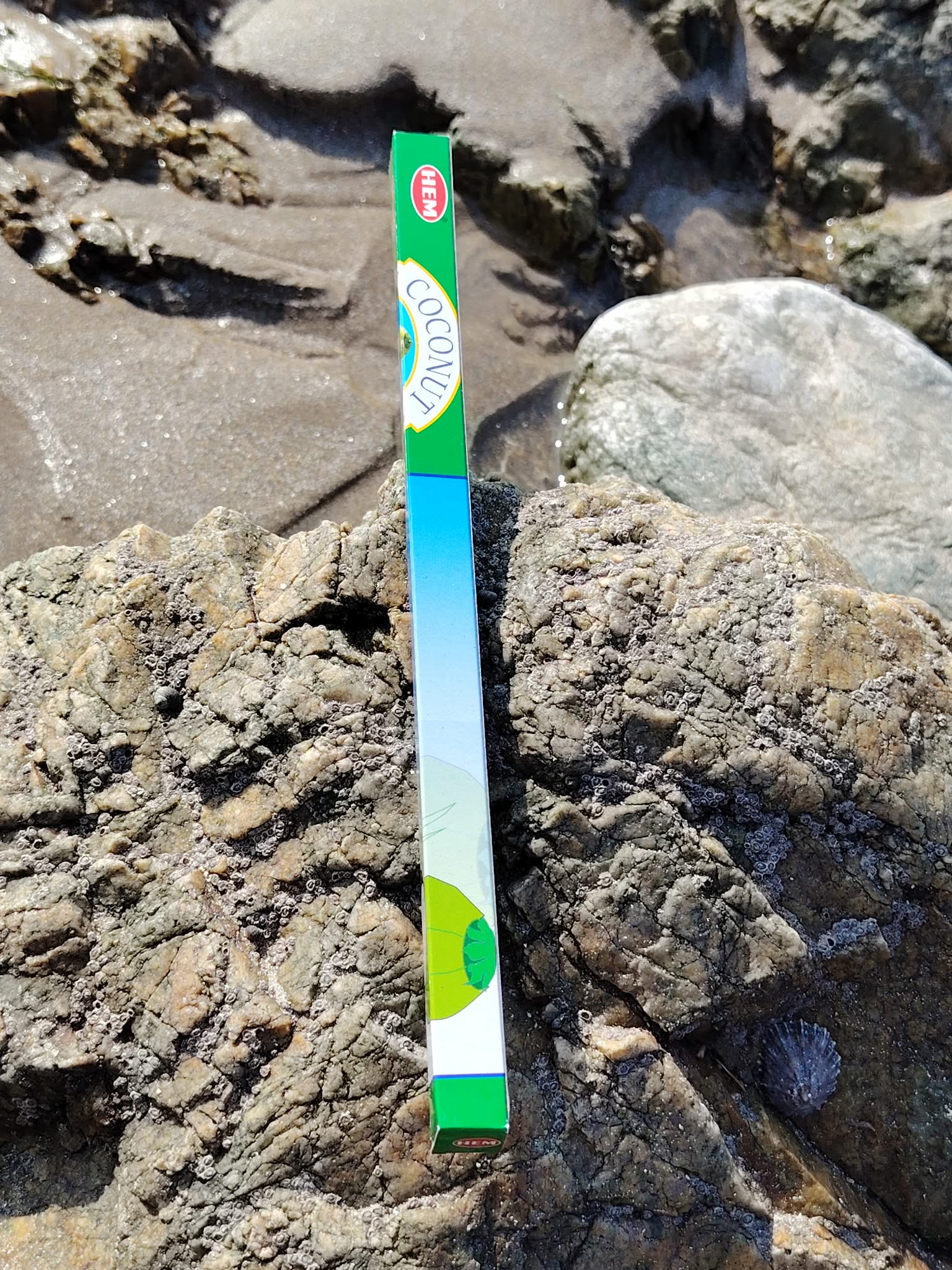 Boîte d’encens HEM noix de coco posée sur les rochers en Bretagne, dans une ambiance marine et exotique évoquant douceur, détente et réconfort.