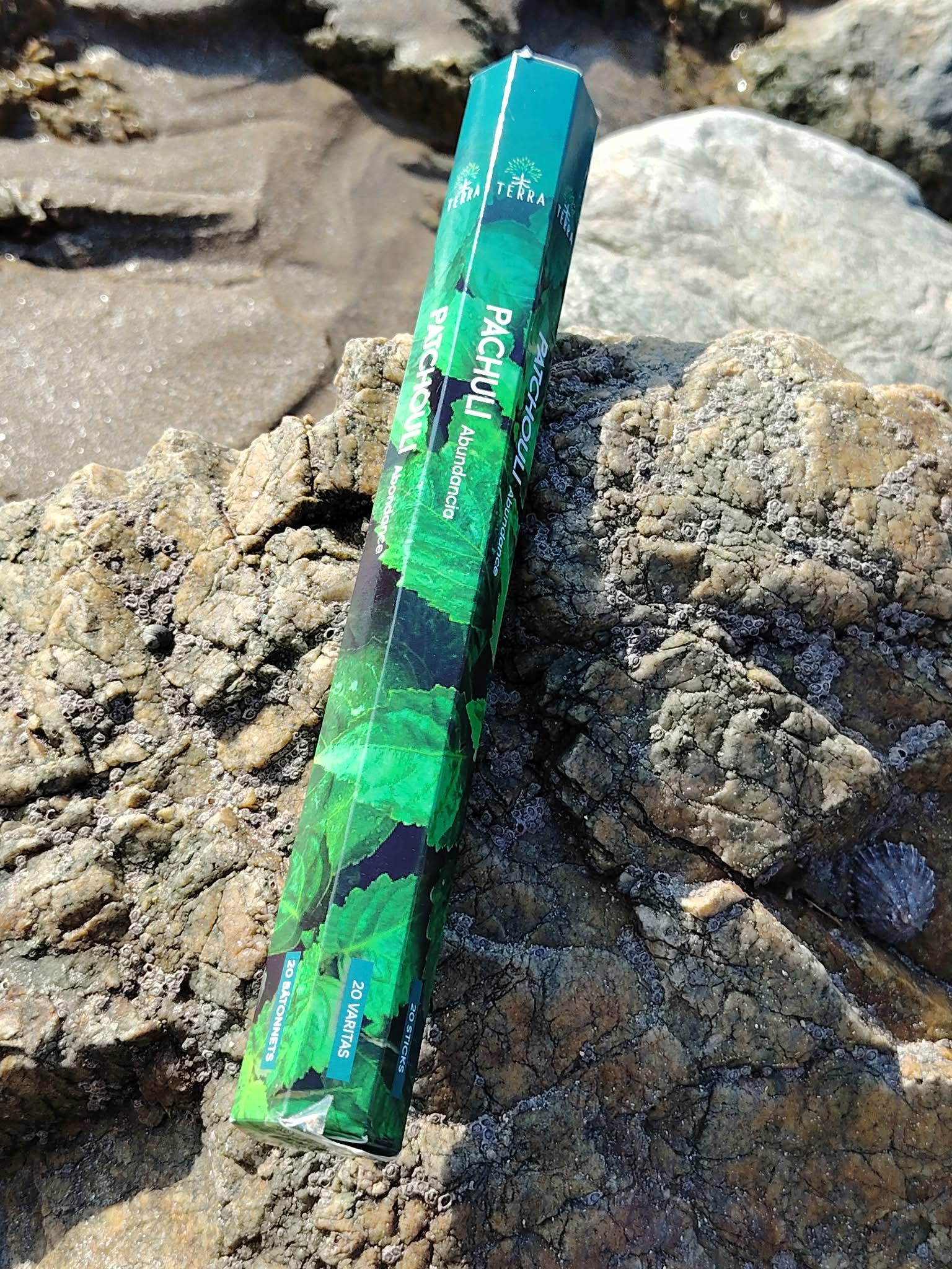Encens Terra Patchouli sans charbon posé sur les rochers en Bretagne, photo naturelle évoquant ancrage, purification et apaisement.