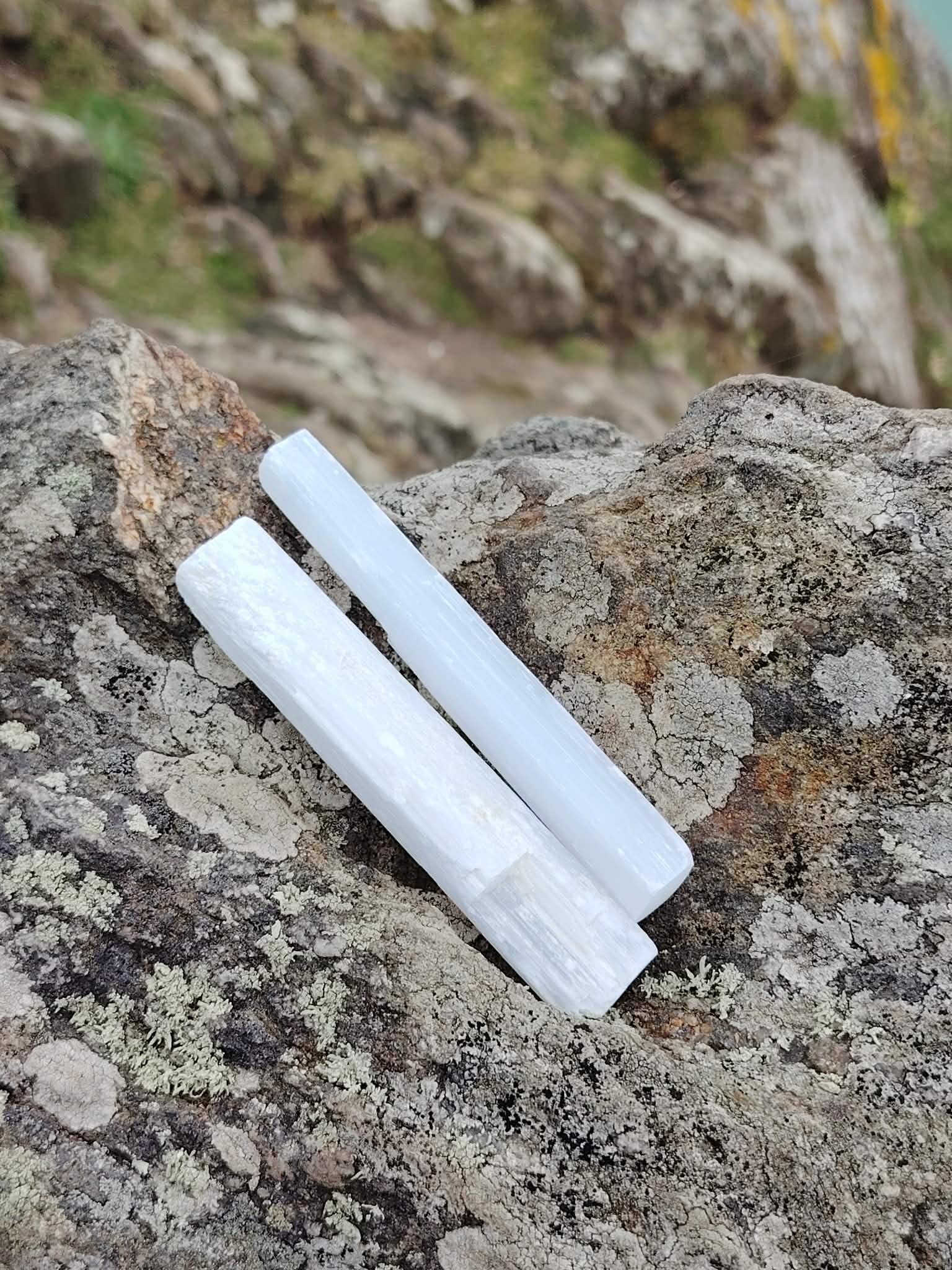 Deux baguettes de sélénite sur roche naturelle en Bretagne, pierres blanches aux reflets soyeux, harmonie intérieure et purification douce.