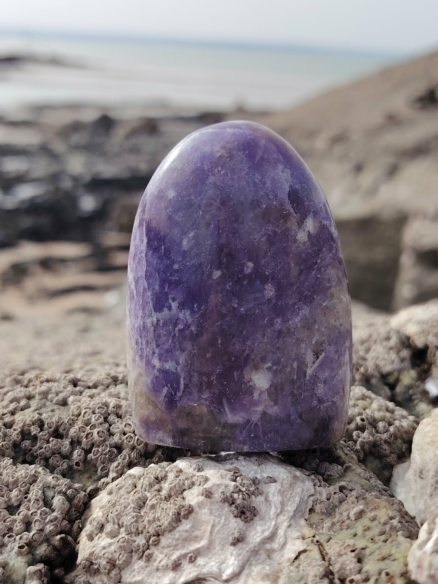 Lépidolite forme libre aux nuances violettes posée sur rocher en Bretagne face à la mer, pierre naturelle évoquant le lâcher-prise, la paix du mental et l’harmonie intérieure.