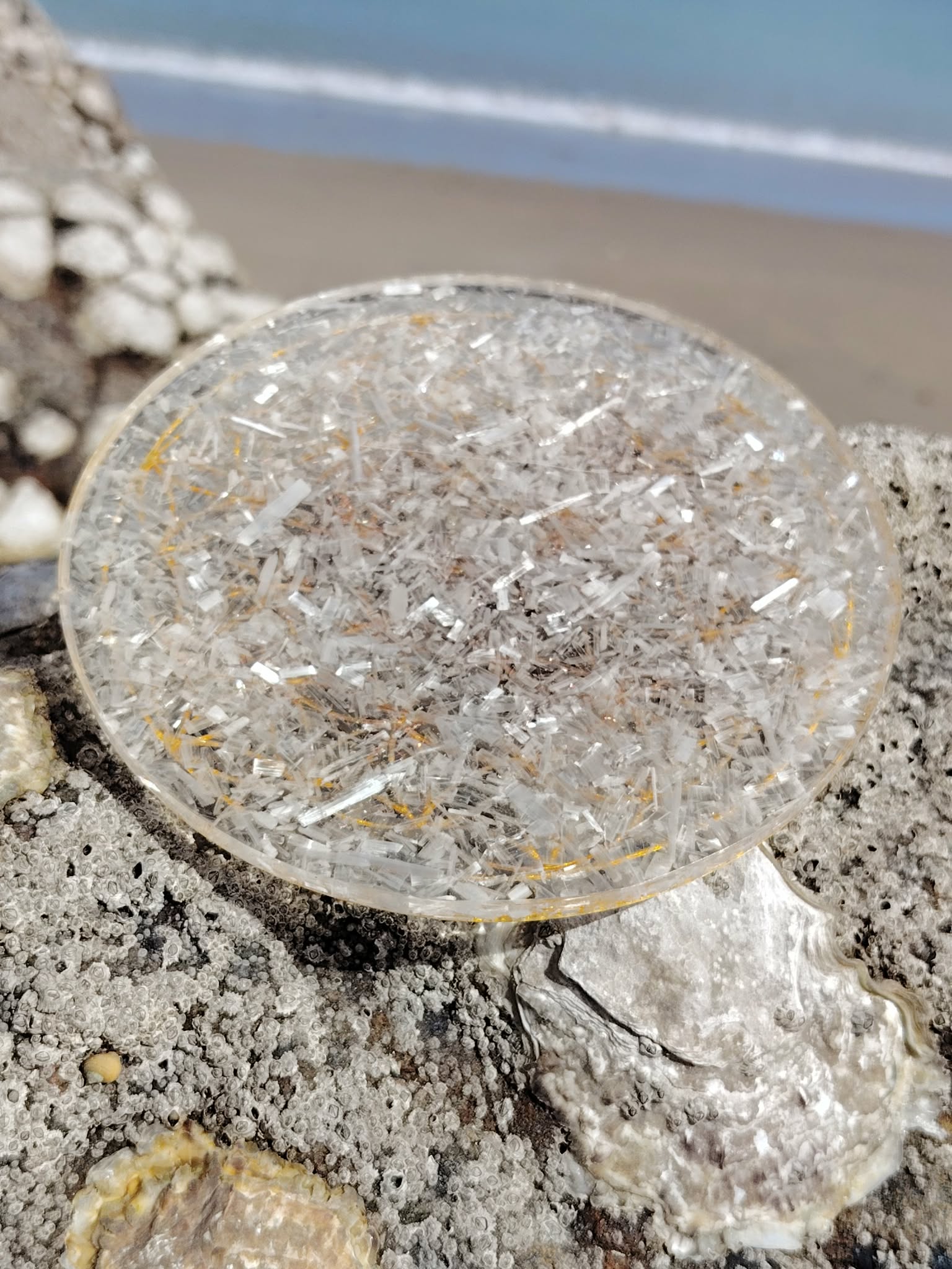 Plateau orgonite sélénite sur décor forestier en Bretagne avec mousse naturelle, disque blanc aux inclusions minérales et Fleur de Vie dorée, stabilité intérieure et atmosphère sereine.