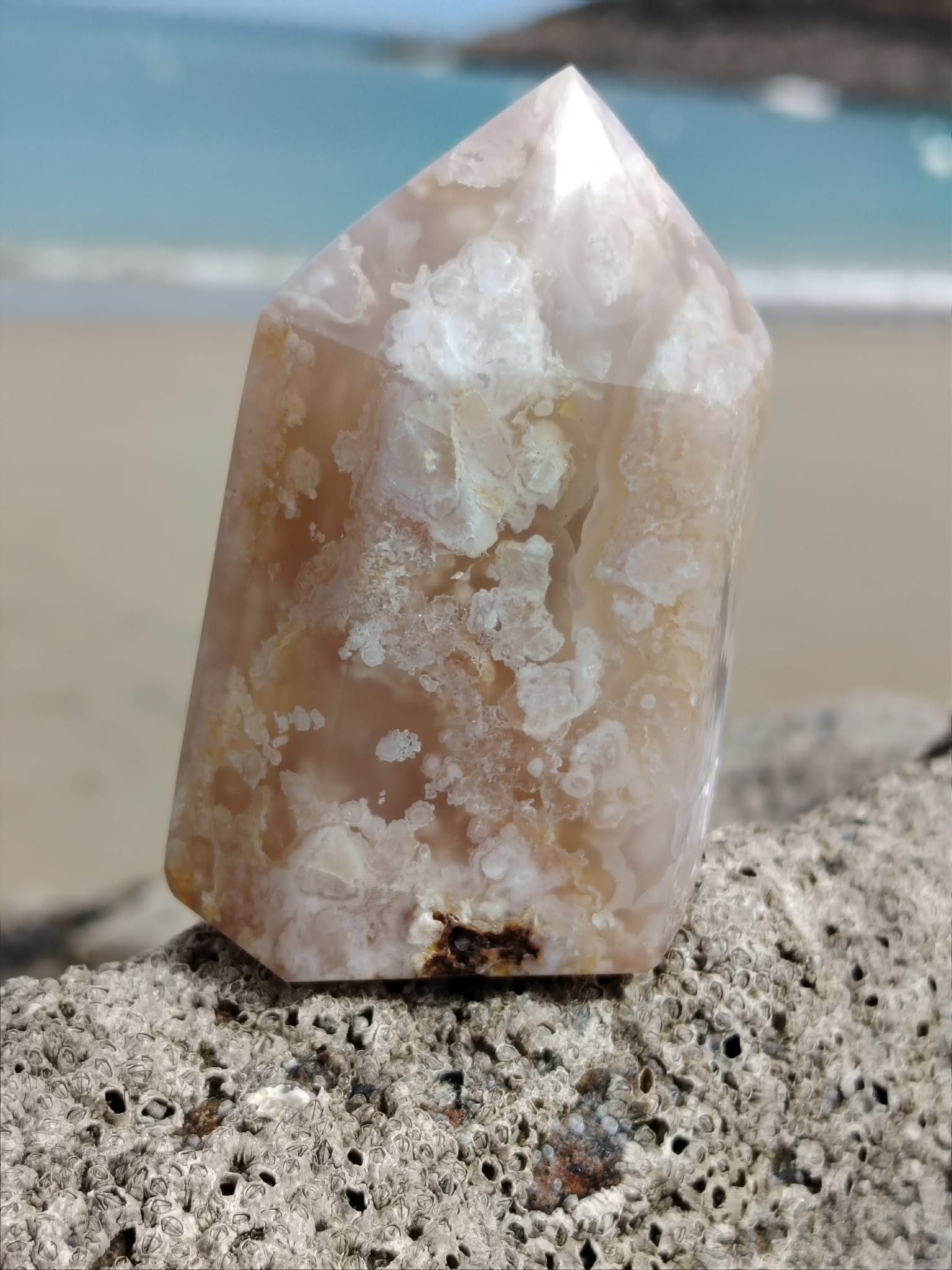 Pointe agate fleur de cerisier sur rocher en bord de plage, pierre rose beige polie aux dessins fleuris, apaisement du mental et énergie tendre.