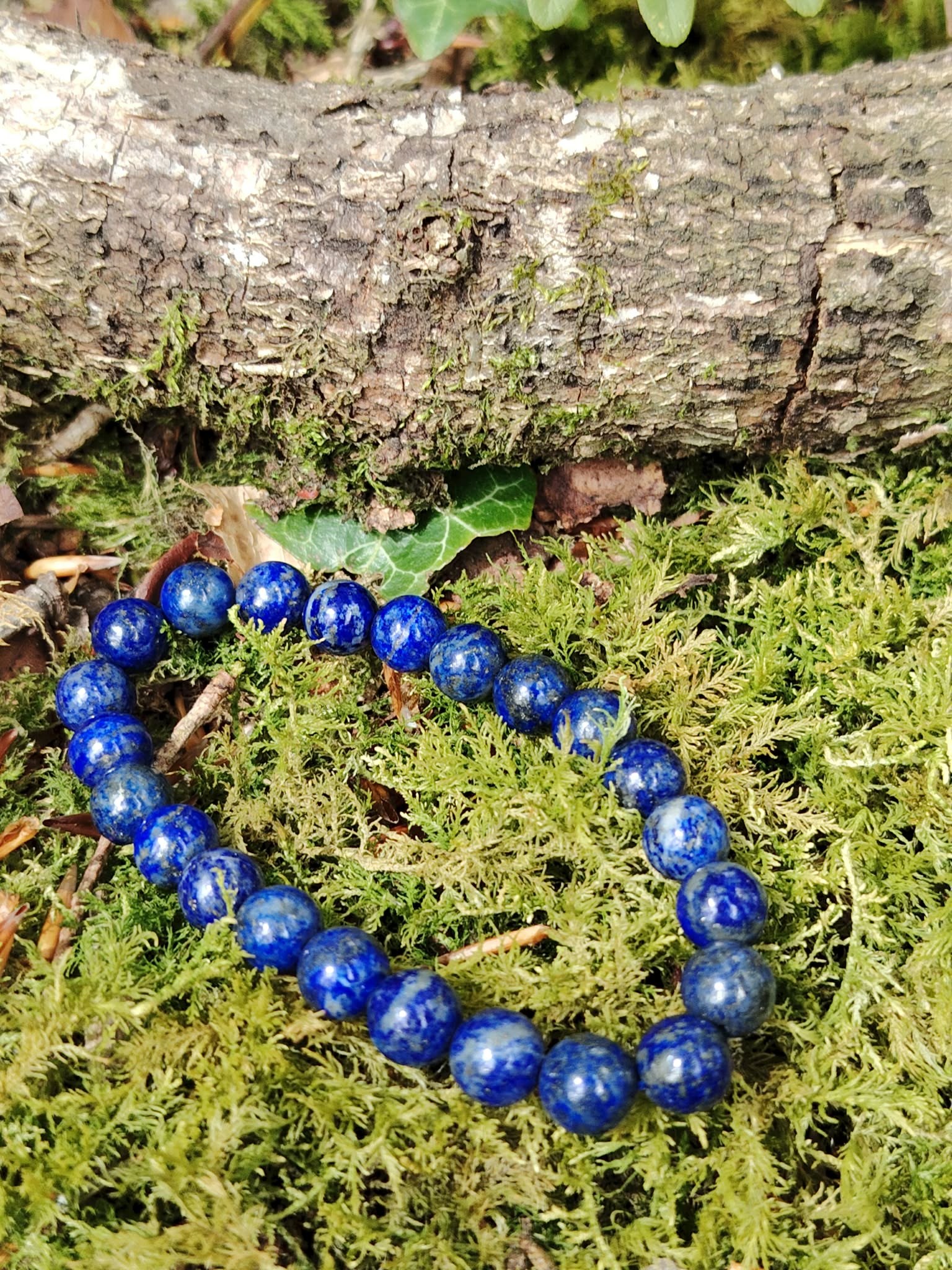 Bracelet Lapis Lazuli 6 mm allongé sur tapis de mousse sous une branche boisée, perles bleu nuit naturelles, sagesse intérieure et recentrage.