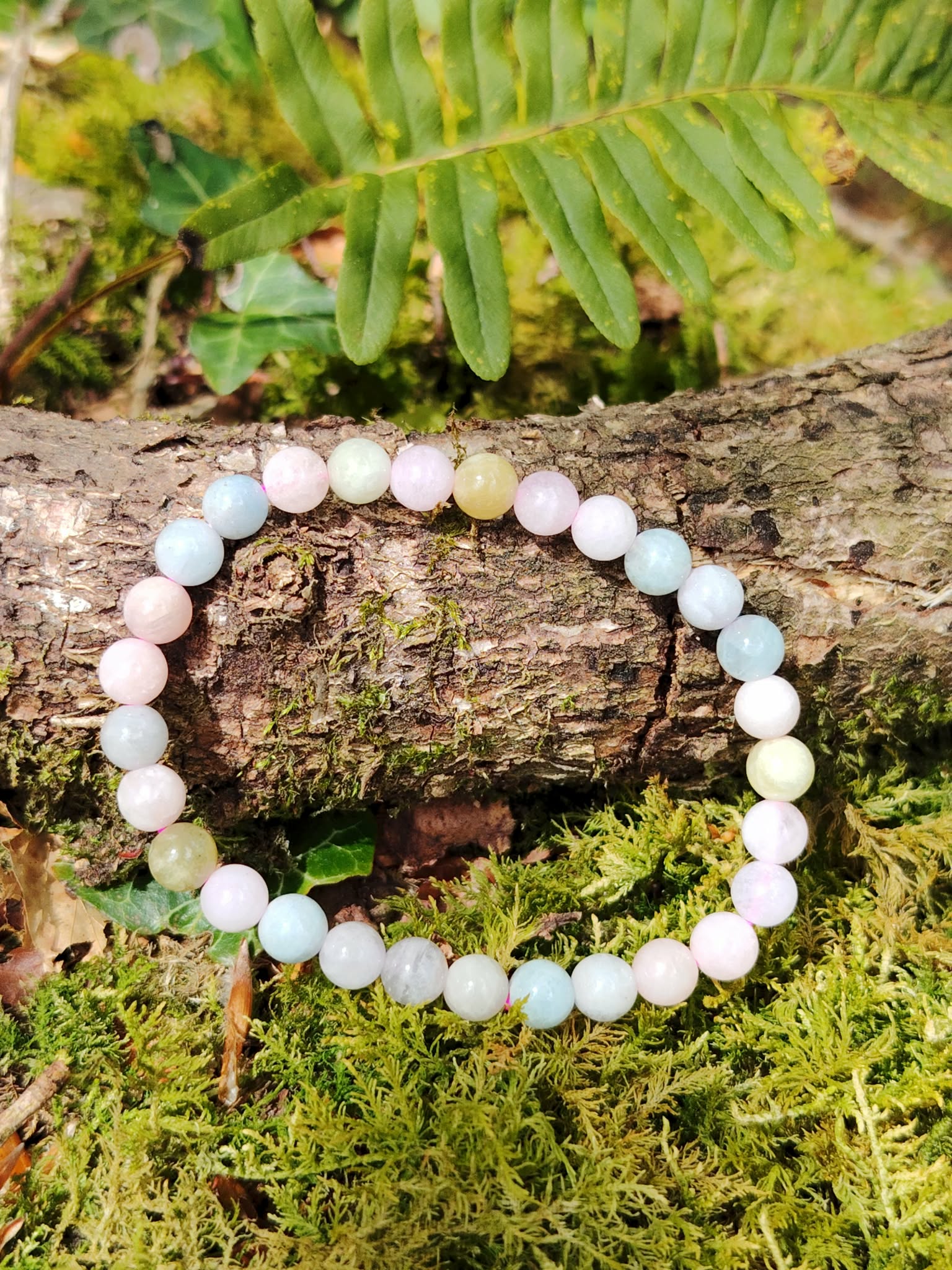 Bracelet Morganite 6 mm posé sur branche moussue en forêt en Bretagne, perles pastel aux teintes tendres, bijou en pierre naturelle relié au réconfort émotionnel, à la sensibilité apaisée et à l’écoute de soi.