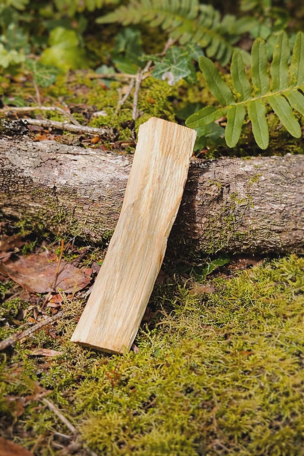 Bâtons de Palo Santo du Pérou en forêt sur mousse et écorce naturelle, bois blond aux veines visibles, purification énergétique et apaisement intérieur.
