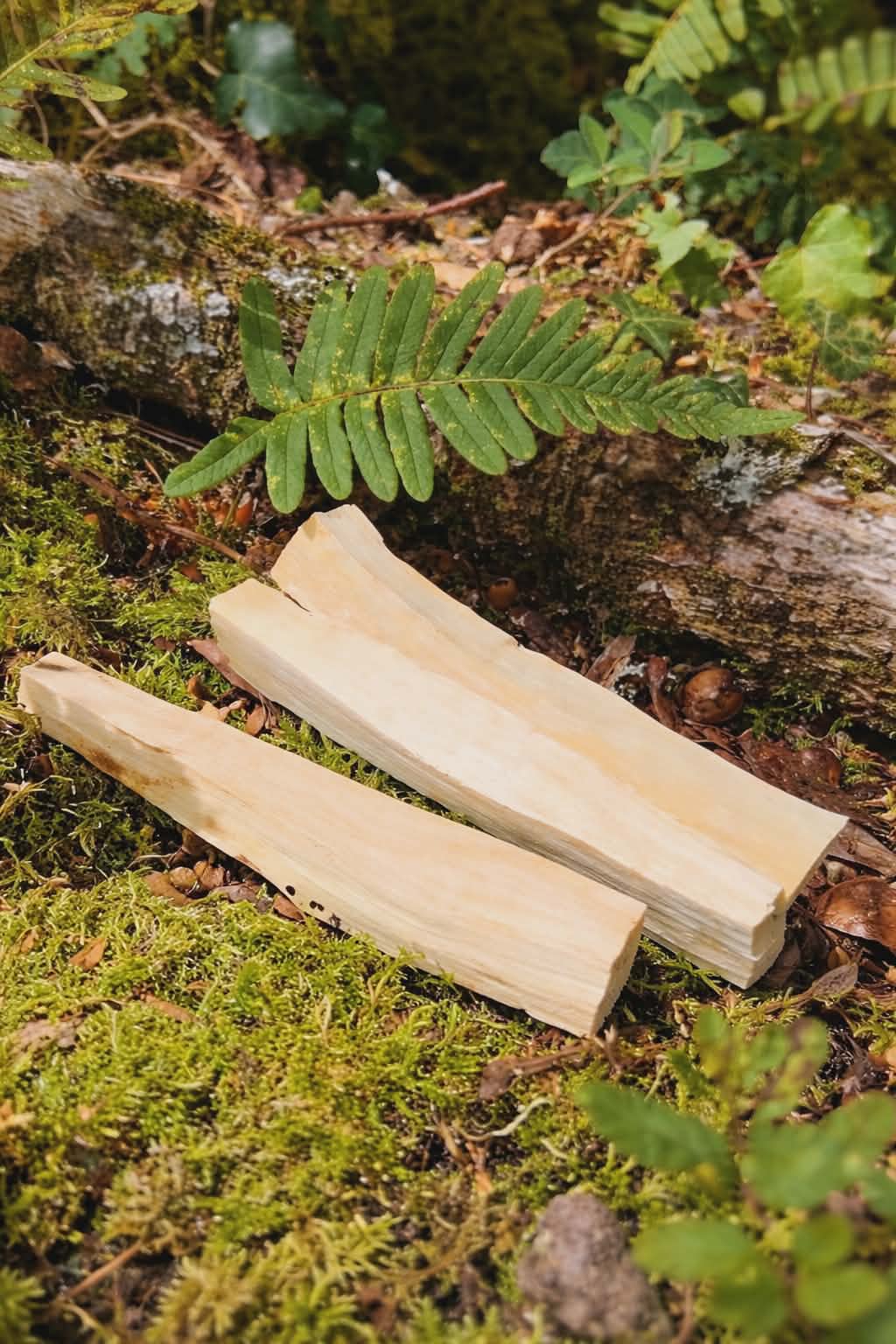 Bâton de Palo Santo du Pérou en forêt sur mousse naturelle et feuillage vert, bois blond aux nervures visibles, purification énergétique et retour au calme.