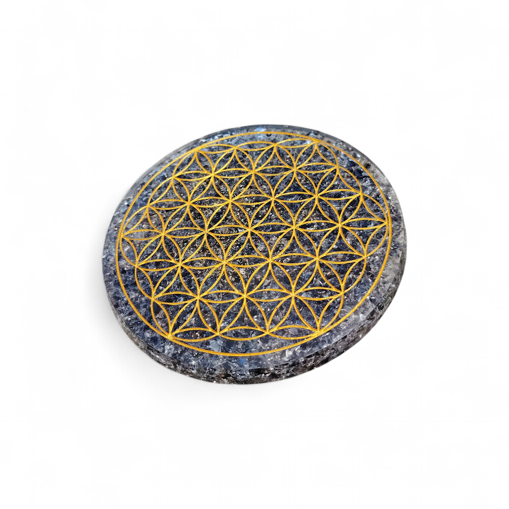 Plateau orgonite obsidienne noire Fleur de Vie sur fond blanc, disque minéral noir et gris aux reflets dorés, ancrage profond et sérénité intérieure.