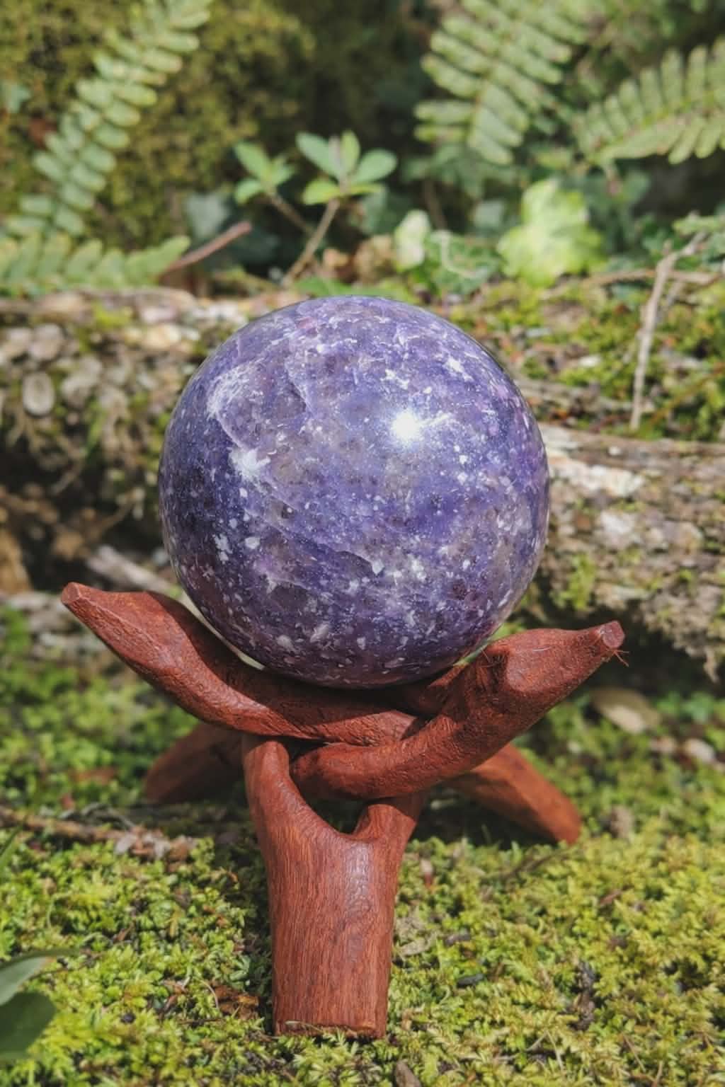 Sphère lépidolite sur mousse avec fougères en forêt en Bretagne, pierre mauve polie sur support en bois, harmonie émotionnelle et douceur mentale.