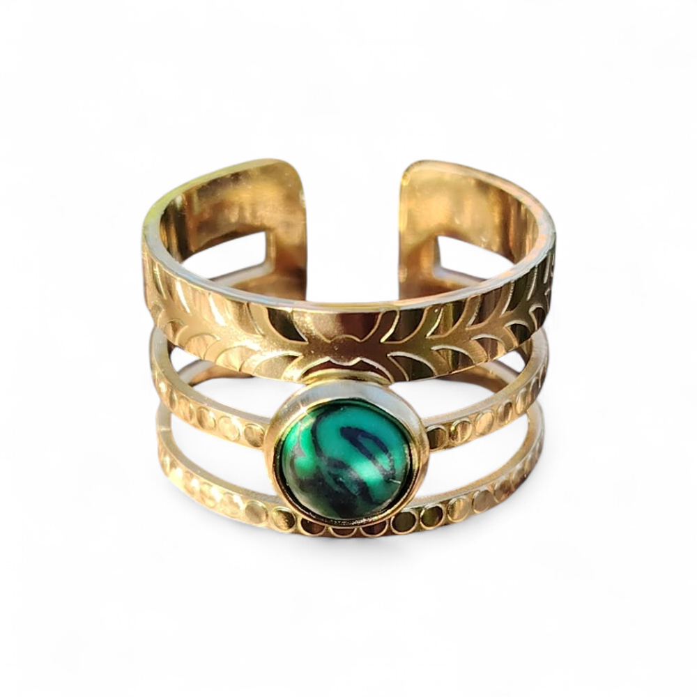 Bague pierre verte ajustable dorée en acier inoxydable sur fond blanc, anneau triple ligne et pierre verte effet malachite, élégance lumineuse et équilibre émotionnel.