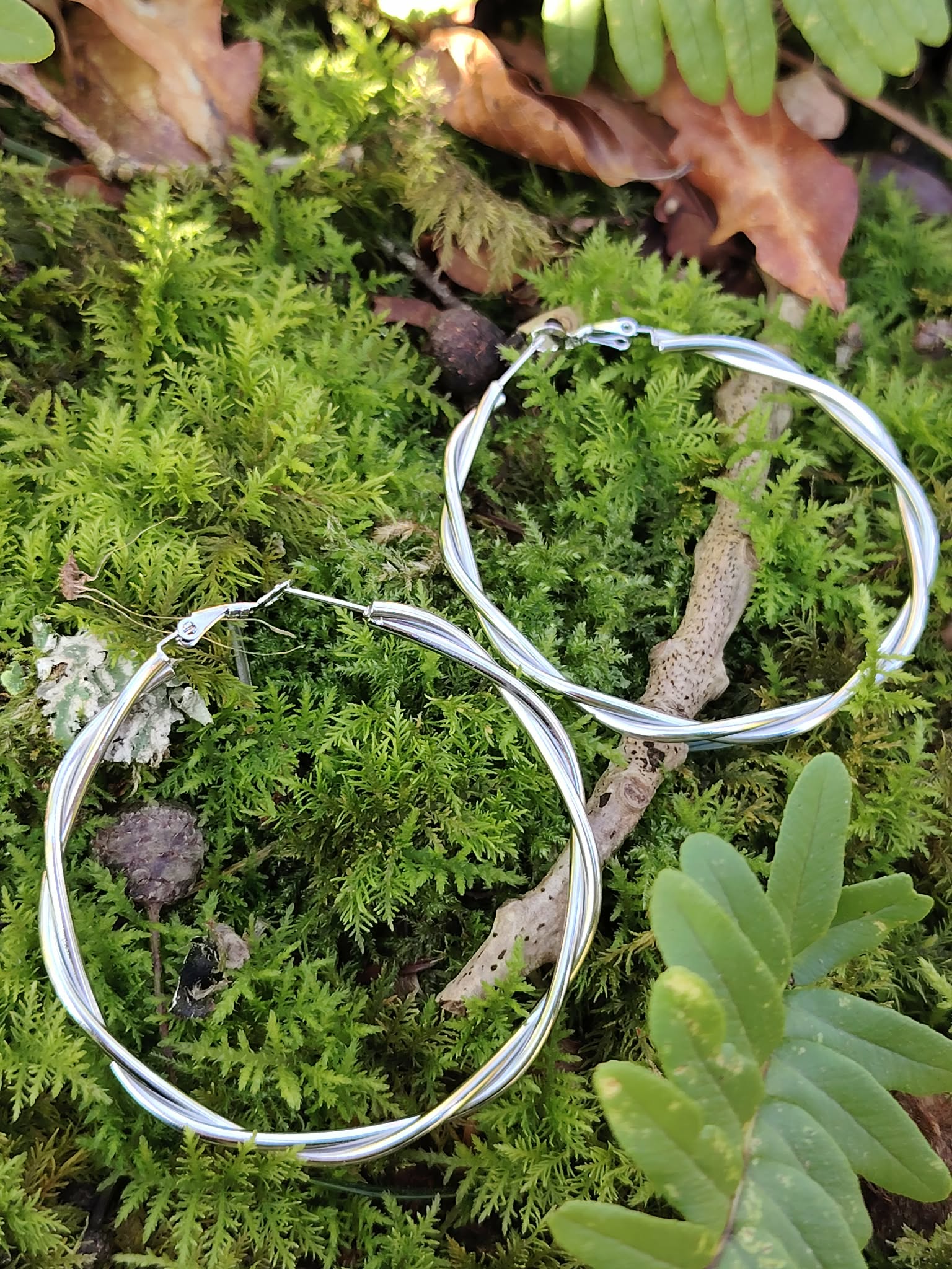 Boucles d’oreilles créoles argentées effet torsadé sur mousse en forêt, acier inoxydable éclatant, bijou léger et élégant pour tous les jours.