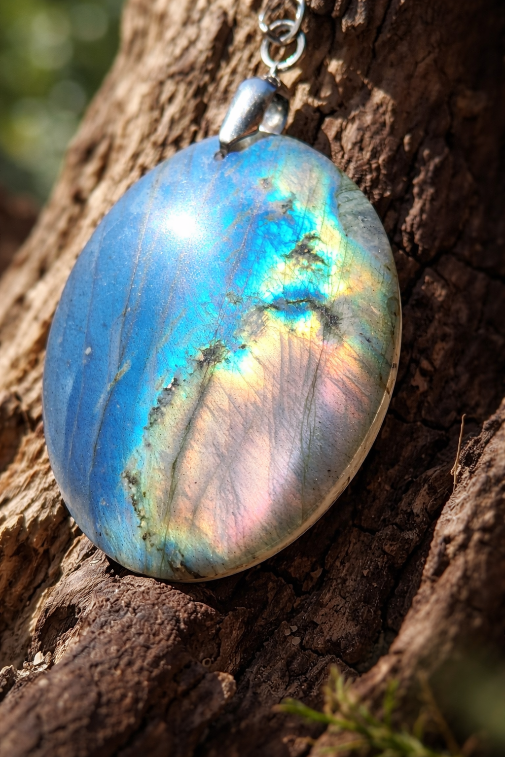 Pendentif ovale en labradorite posé sur mousse en forêt en Bretagne, pierre naturelle aux reflets bleutés et attache argentée, calme intérieur et énergie protectrice.