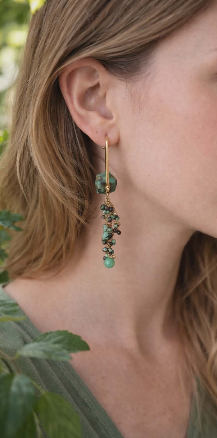 Boucle d’oreille pendante dorée en turquoise africaine portée à l’oreille, pierre bleu-vert naturelle et détail bohème chic, équilibre émotionnel et élégance légère.