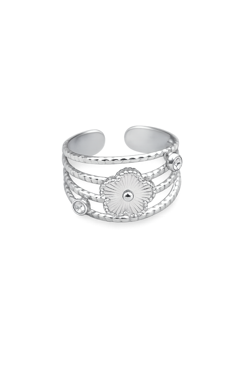 Bague fleur argentée ajustable sur fond blanc, acier inoxydable brillant avec anneaux texturés et strass discrets, allure élégante et féminine.