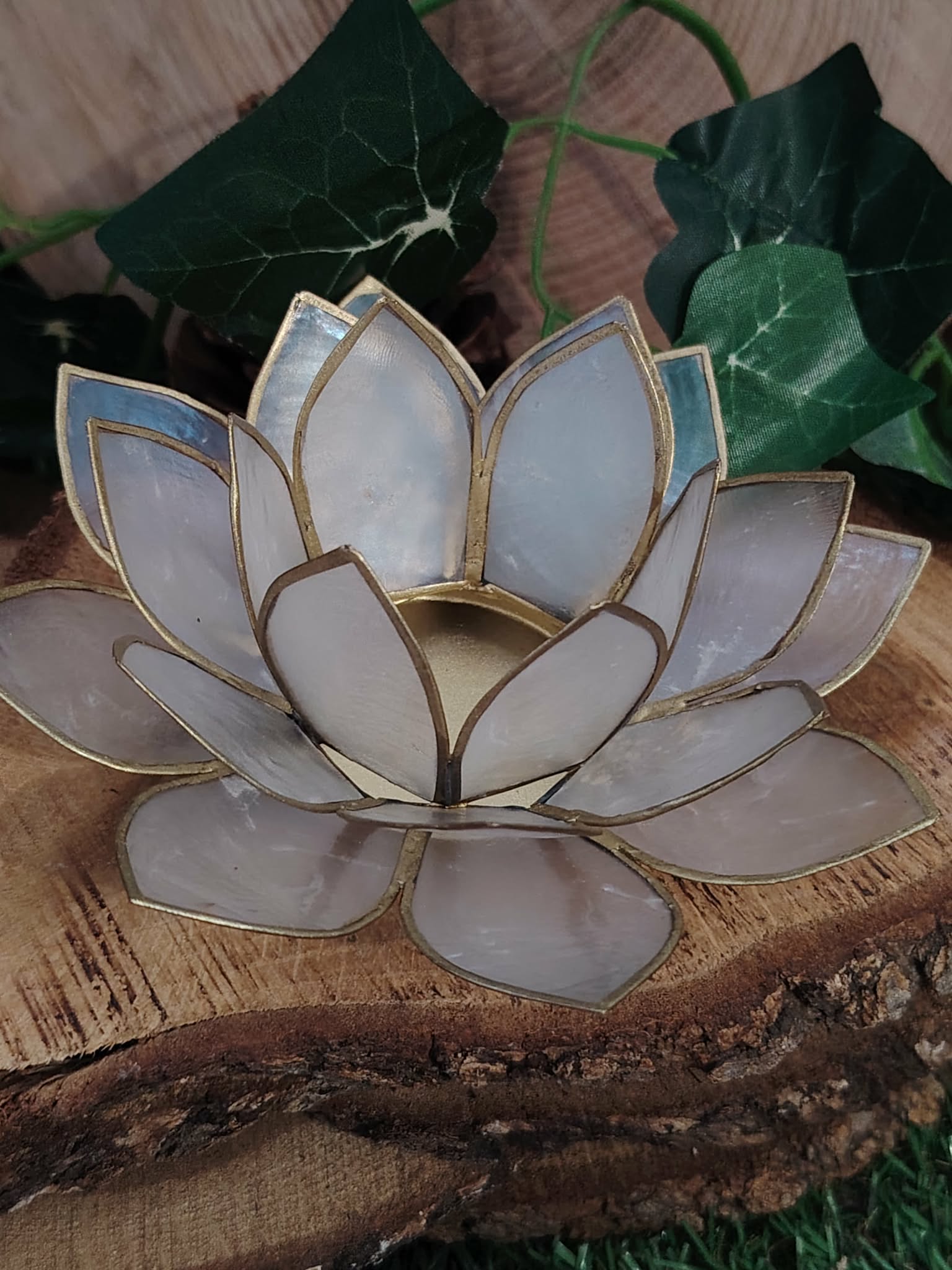 Photophore lotus nacré doré posé sur tranche de bois avec feuillage en fond, décoration spirituelle élégante pour bougie chauffe-plat.