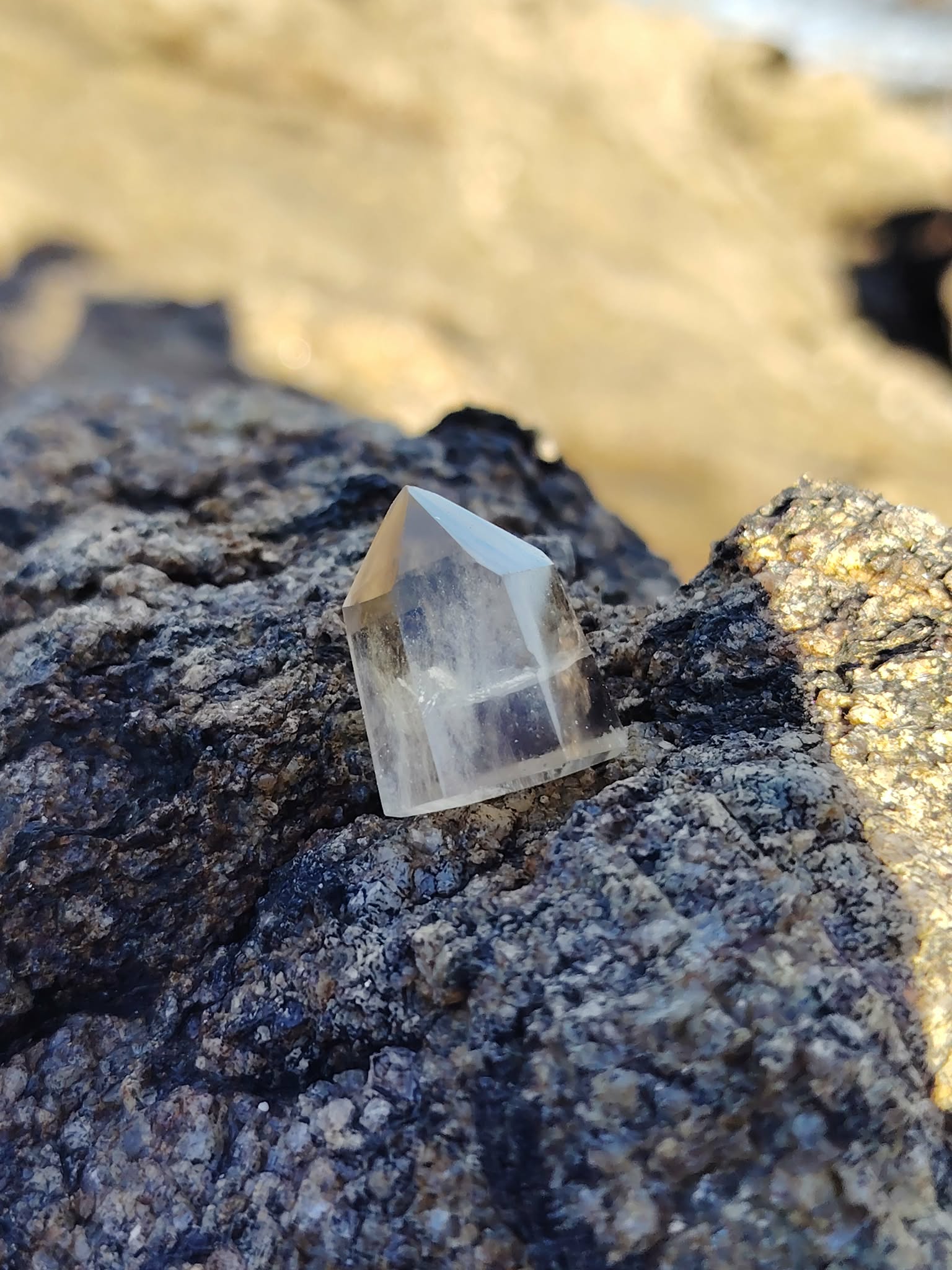 Pointe citrine naturelle posée sur roche sombre en extérieur, pierre translucide aux reflets doux, concentration, optimisme et énergie lumineuse.