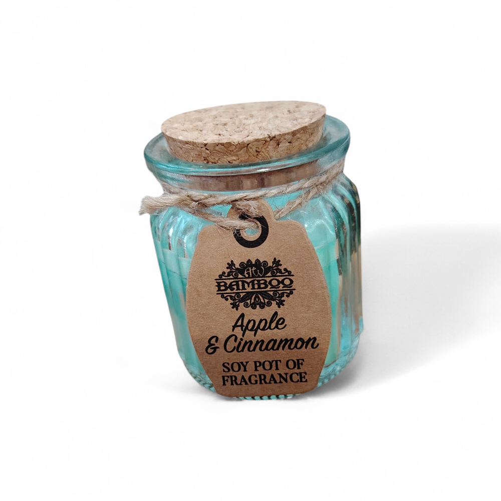 Bougie Pomme Cannelle en pot en verre avec couvercle en liège sur fond blanc, cire de soja naturelle, senteur douce et épicée, esprit cocooning.