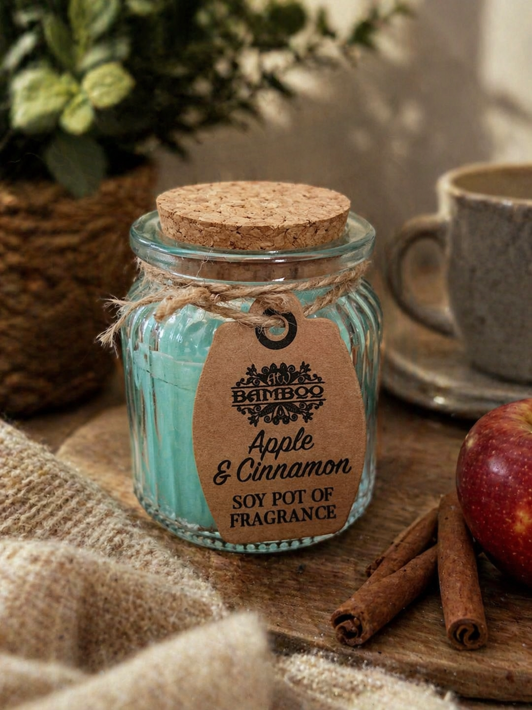 Bougie parfumée Pomme Cannelle en pot en verre sur table en bois avec tasse, pomme et cannelle, senteur épicée douce et atmosphère chaleureuse.