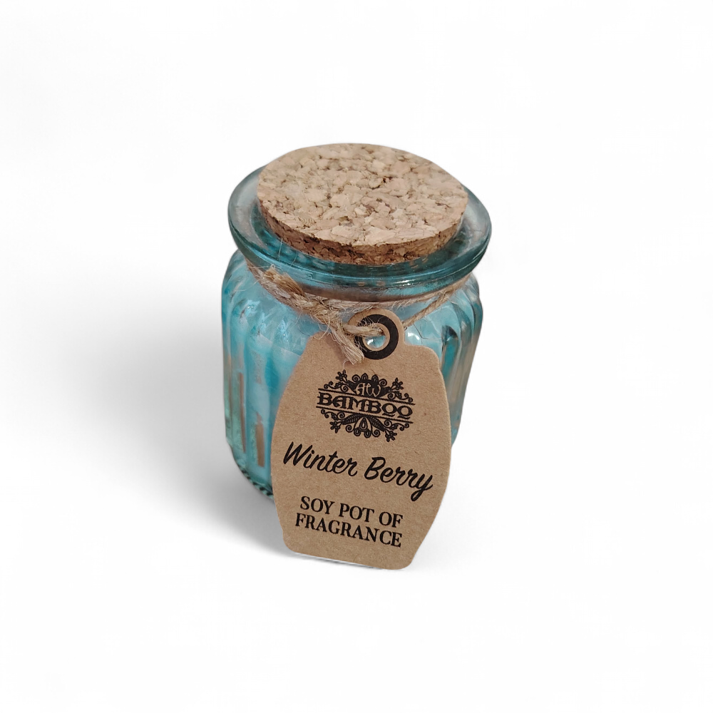 Bougie parfumée Baies d’Hiver en cire de soja sur fond blanc, pot en verre bleu avec couvercle en liège et étiquette ficelle