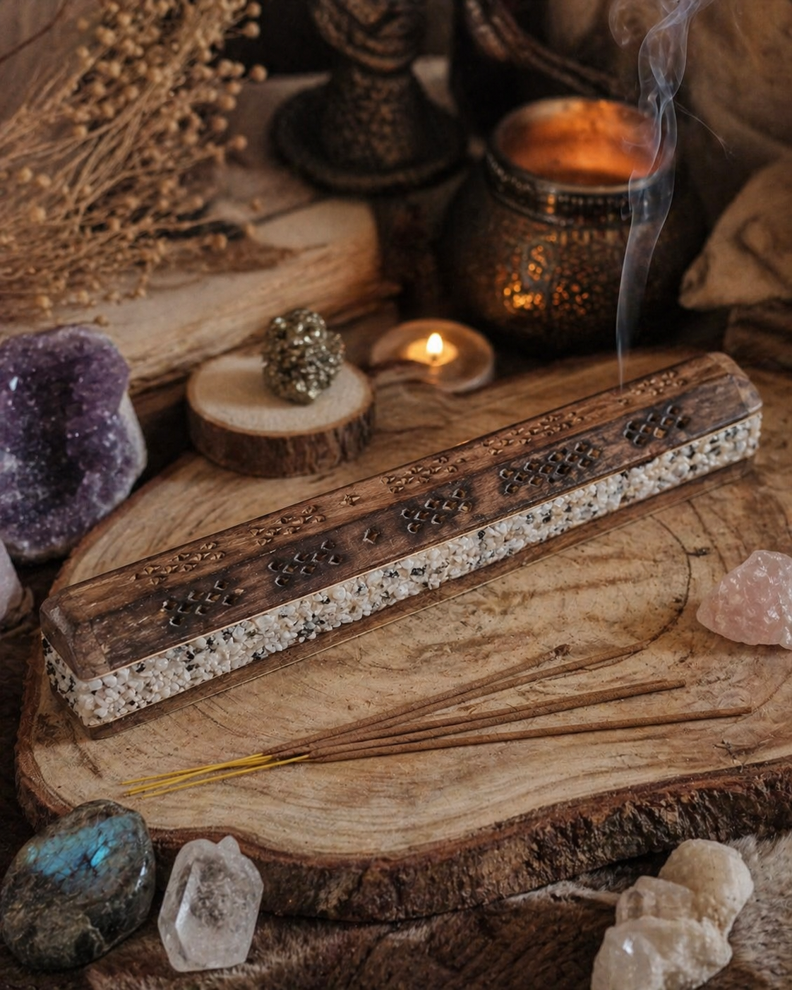 Porte-encens cercueil en bois et pierre de lune en mise en scène mystique, avec bâton d’encens, fumée douce et ambiance rituelle.