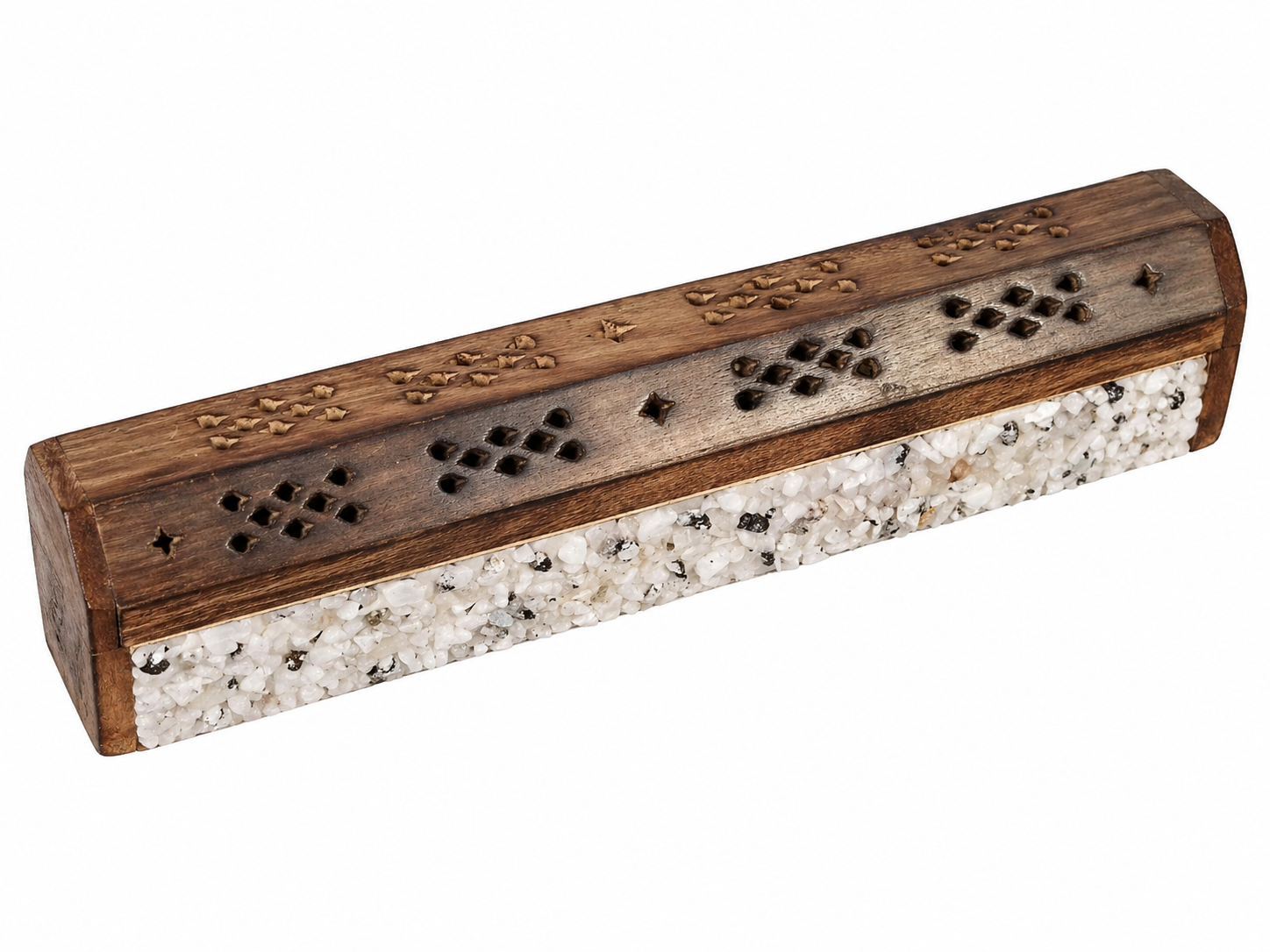 Porte-encens cercueil en bois sur fond blanc, motifs ajourés, éléments en pierre de lune et support pour bâton d’encens.