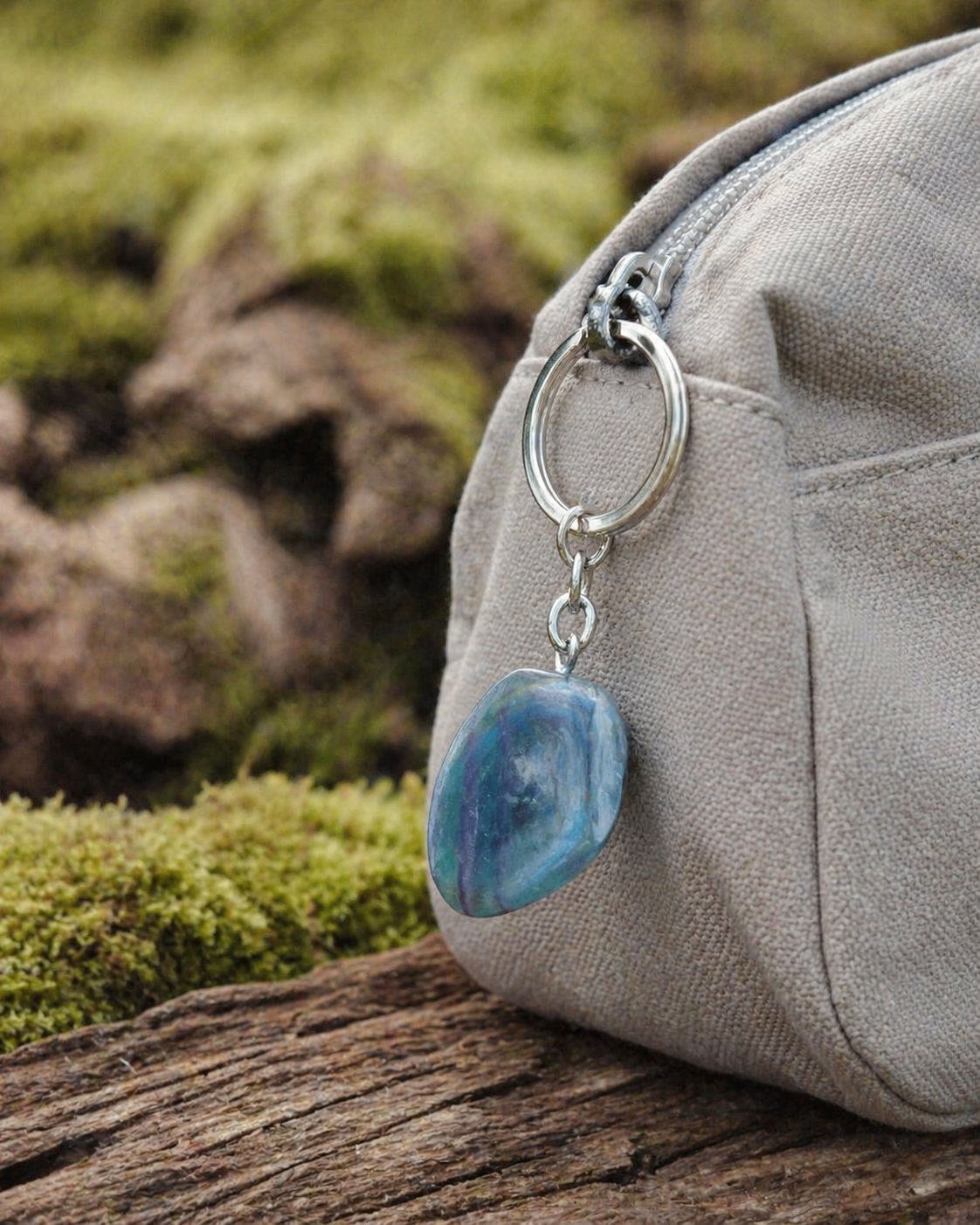 Porte-clés Fluorite multicolore en situation naturelle, accroché à un sac clair avec pierre verte et violette.