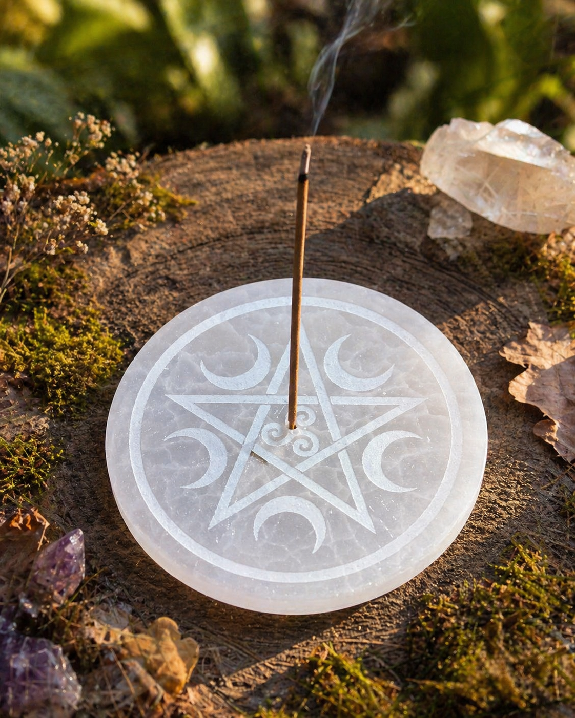 Porte-encens Sélénite Pentacle avec lunes et triskell central, posé dans une ambiance rituelle lumineuse et protectrice.