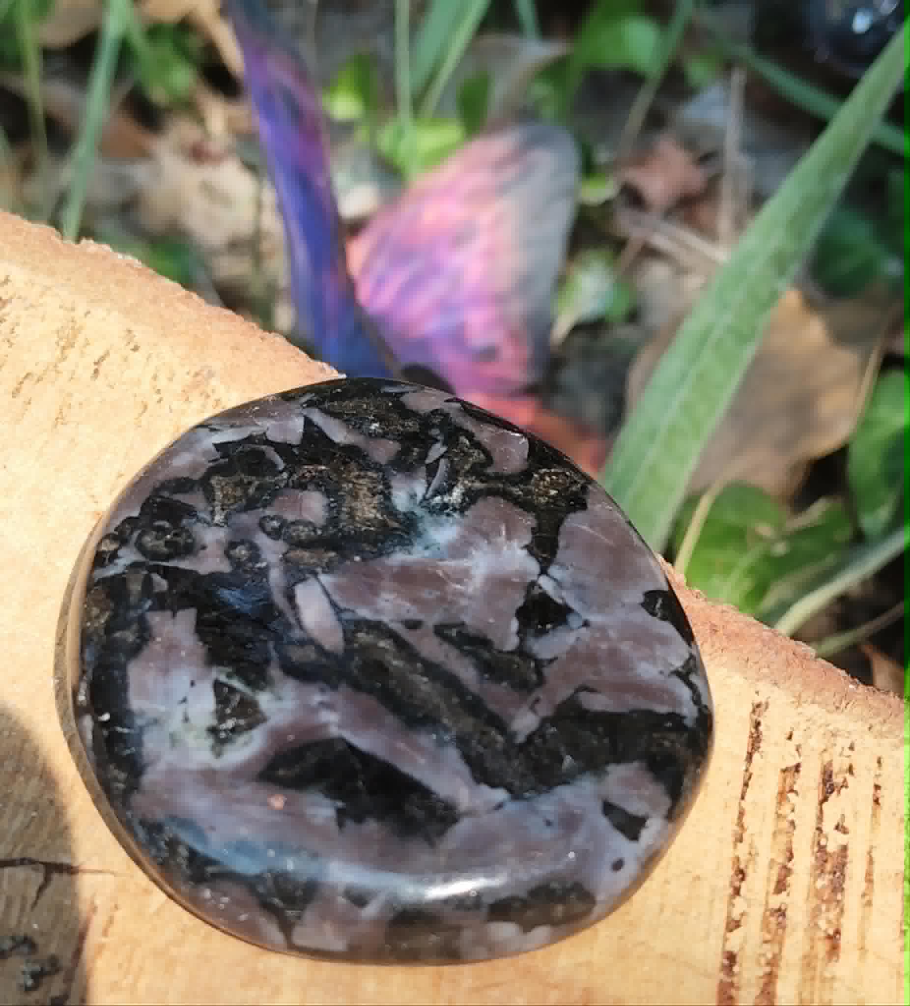 Galet poli gabbro merlinite mystique aux marbrures contrastées, pierre sombre de transition pour stabilité intérieure et clarté.