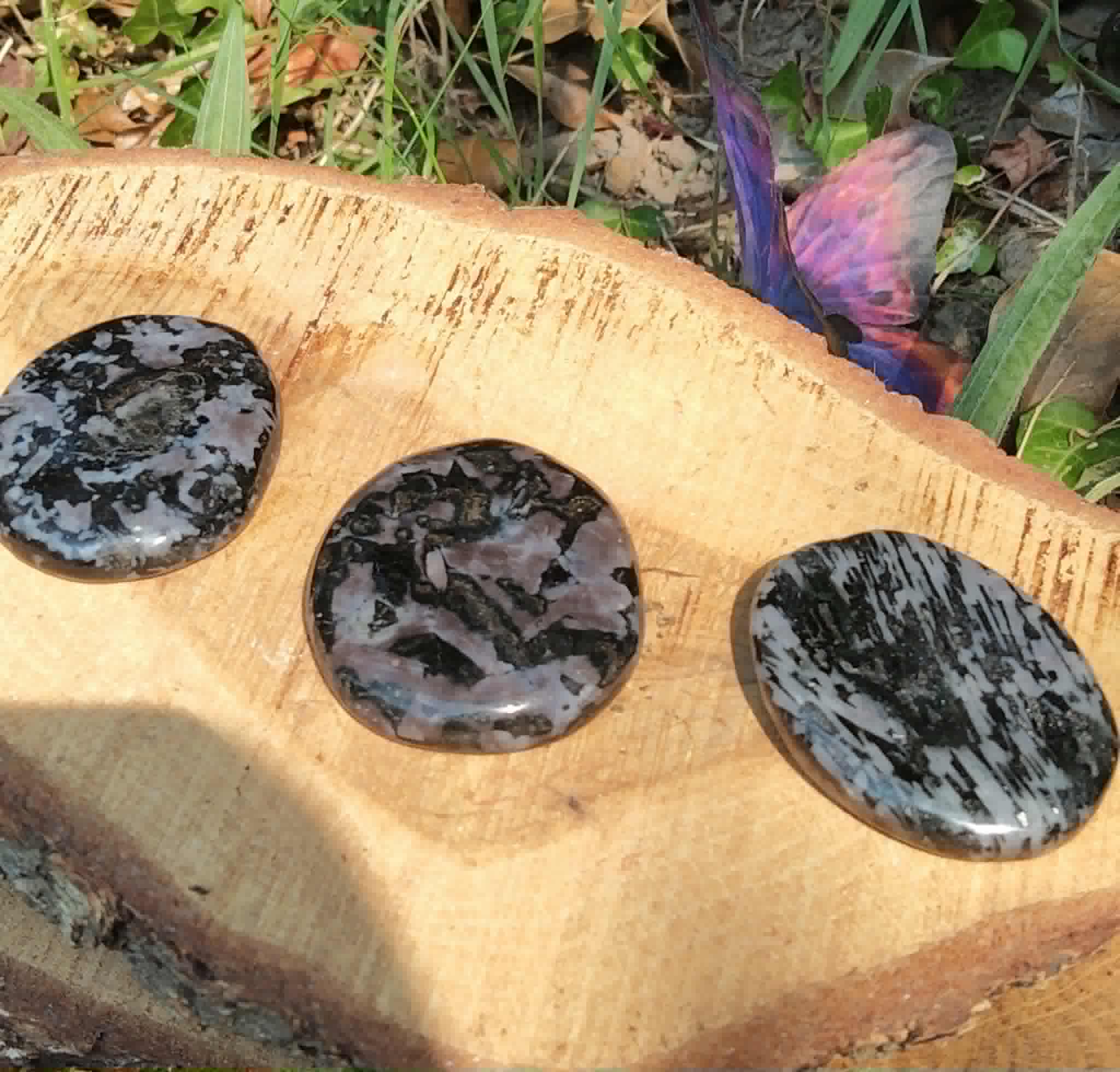 Galet gabbro merlinite mystique tenu en main, pierre polie profonde pour méditation, ancrage et écoute de l’intuition.