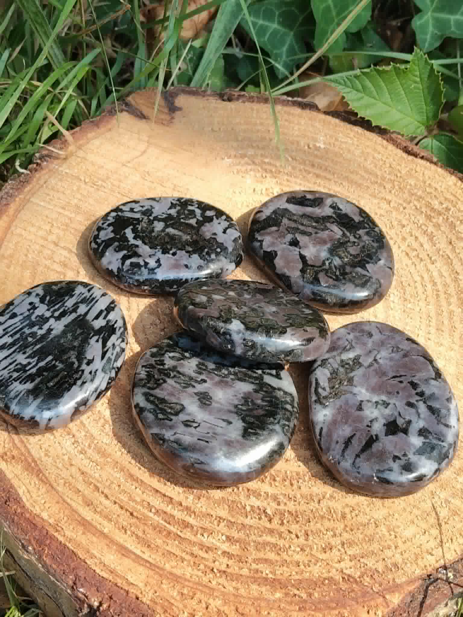 Galets gabbro merlinite mystique polis sur rondin de bois, nuances noires grises blanches et rosées pour ancrage et intuition.