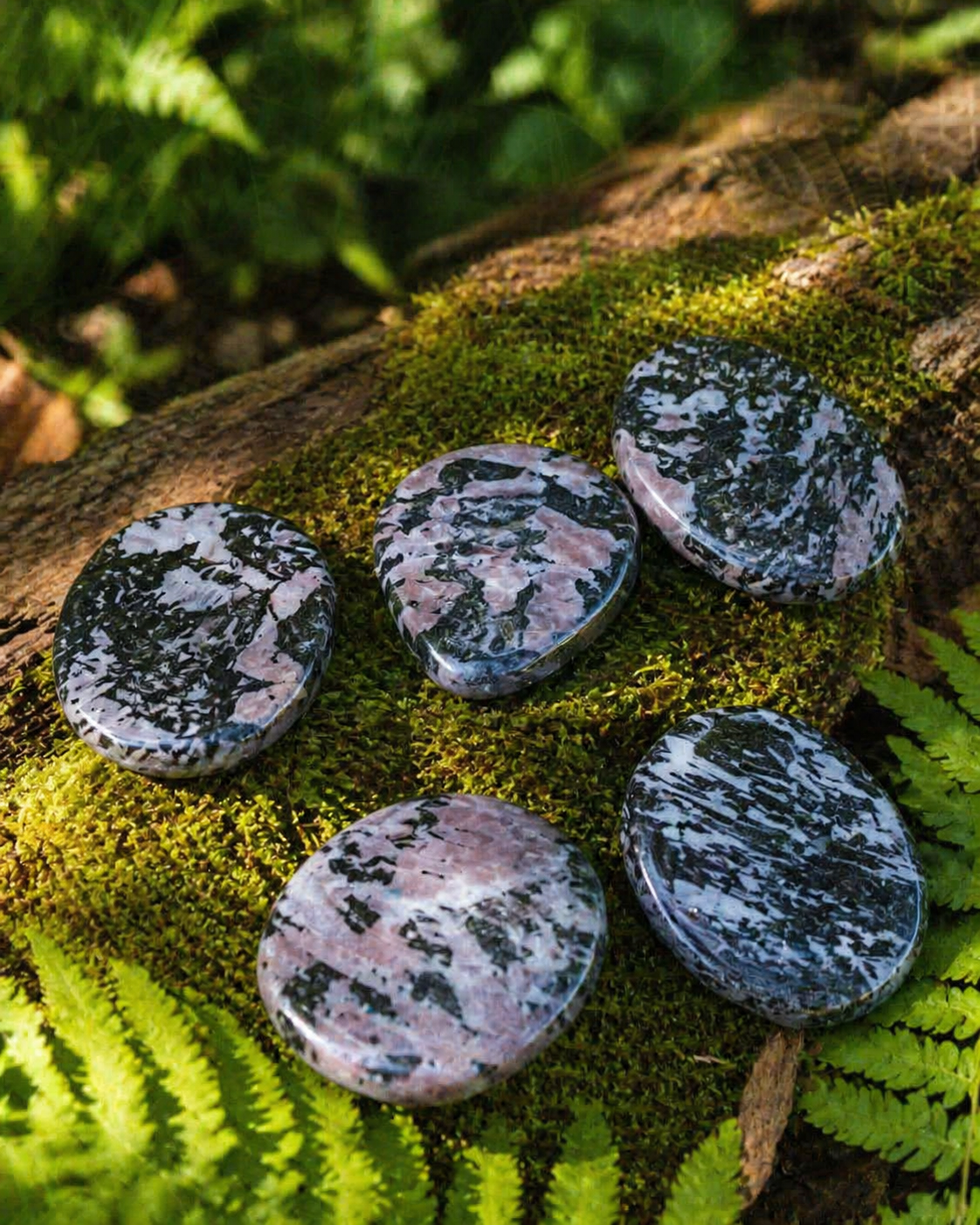 Galets gabbro merlinite mystique en forêt sur mousse et bois naturel, pierres polies pour recentrage et connexion aux ressentis subtils.