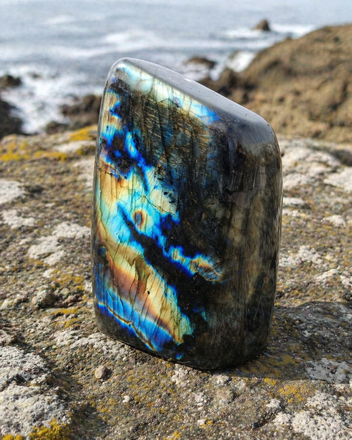 Labradorite forme libre debout avec labradorescence intense, pierre grise irisée associée à la protection des énergies lourdes.