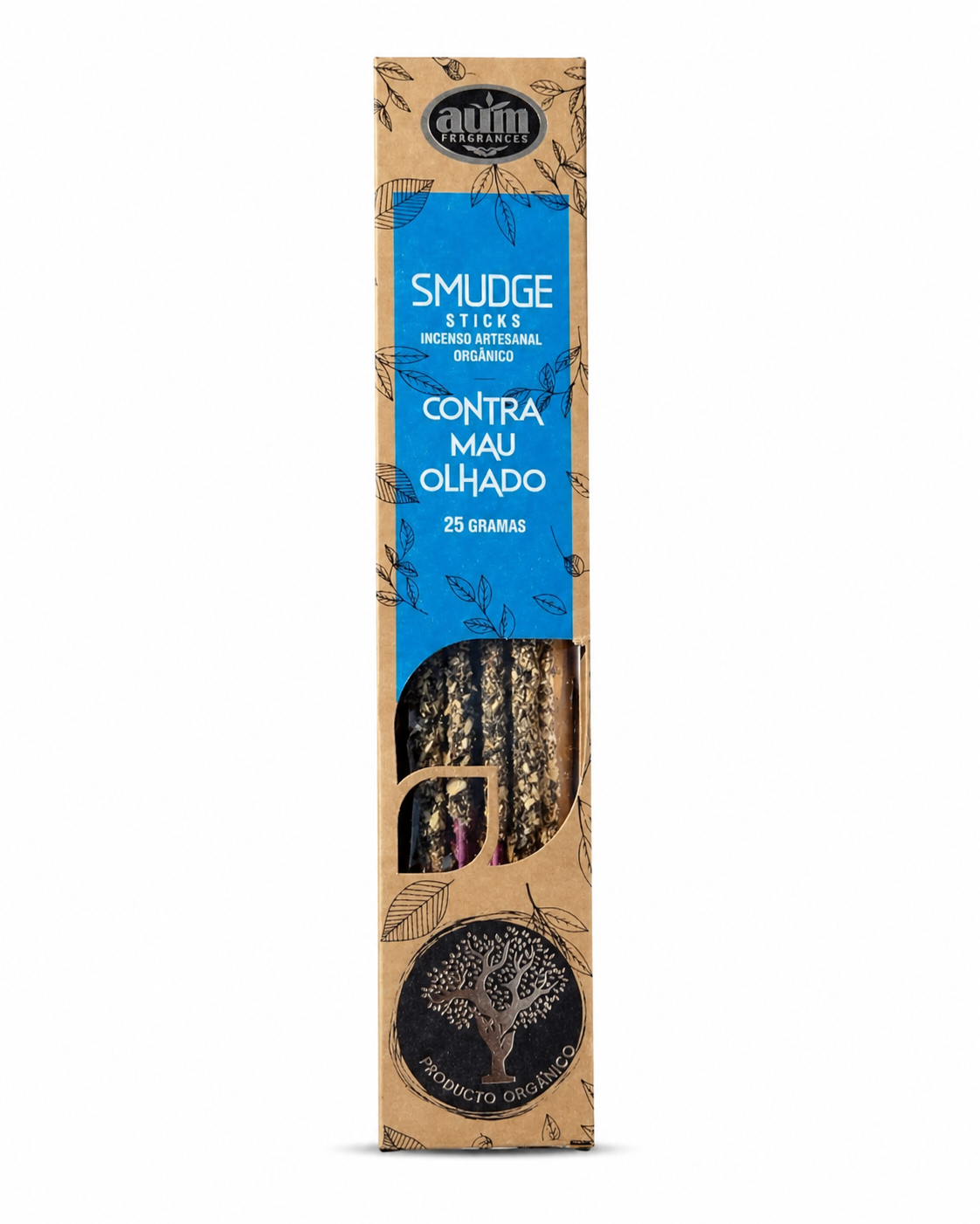 Boîte d’encens AUM Organico Contra Mau Olhado 25 g sur fond blanc, packaging naturel pour rituel de protection symbolique