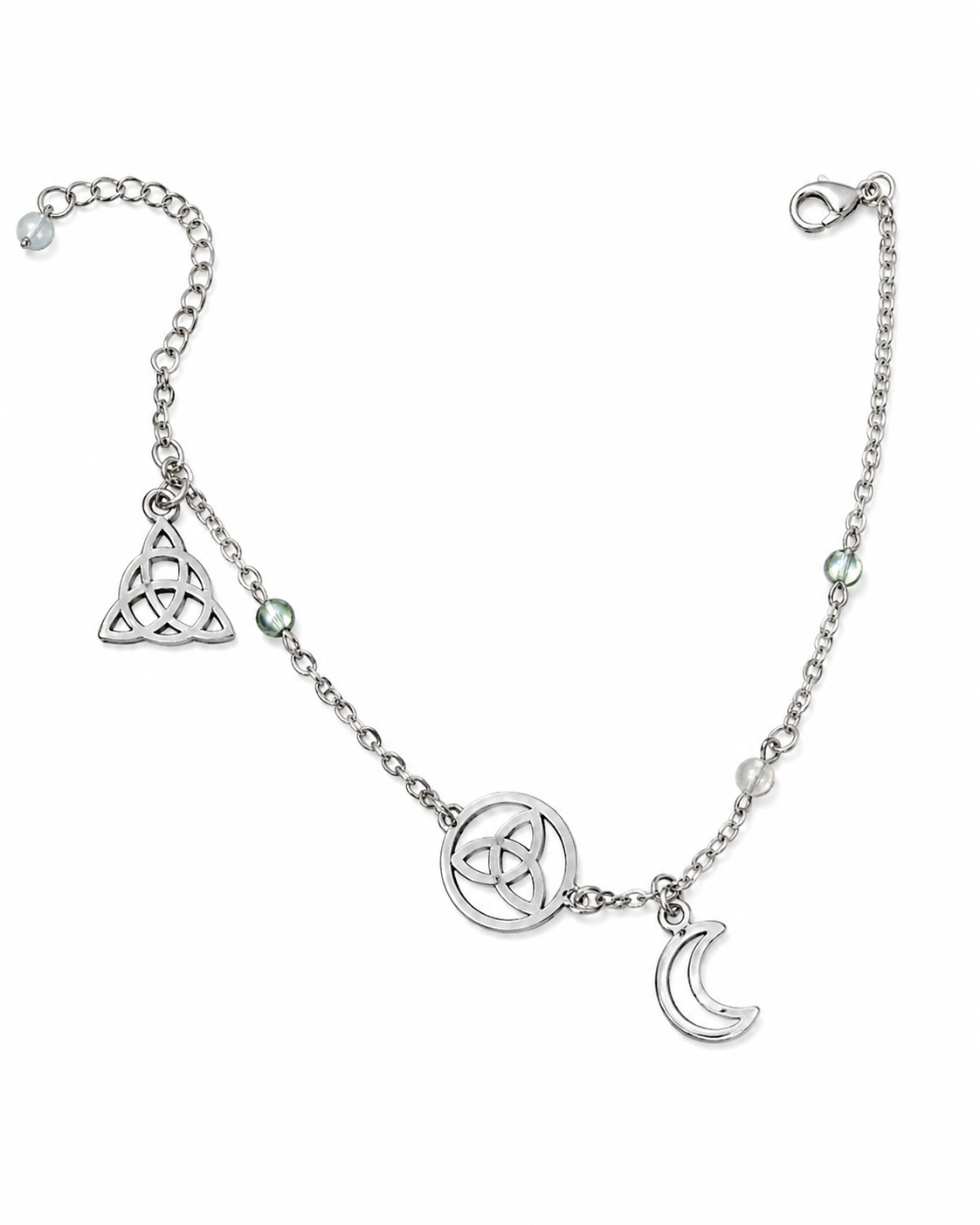 Chaîne de cheville triquetra et lune détourée sur fond blanc, acier inoxydable argenté avec labradorite et aqua aura 4 mm.