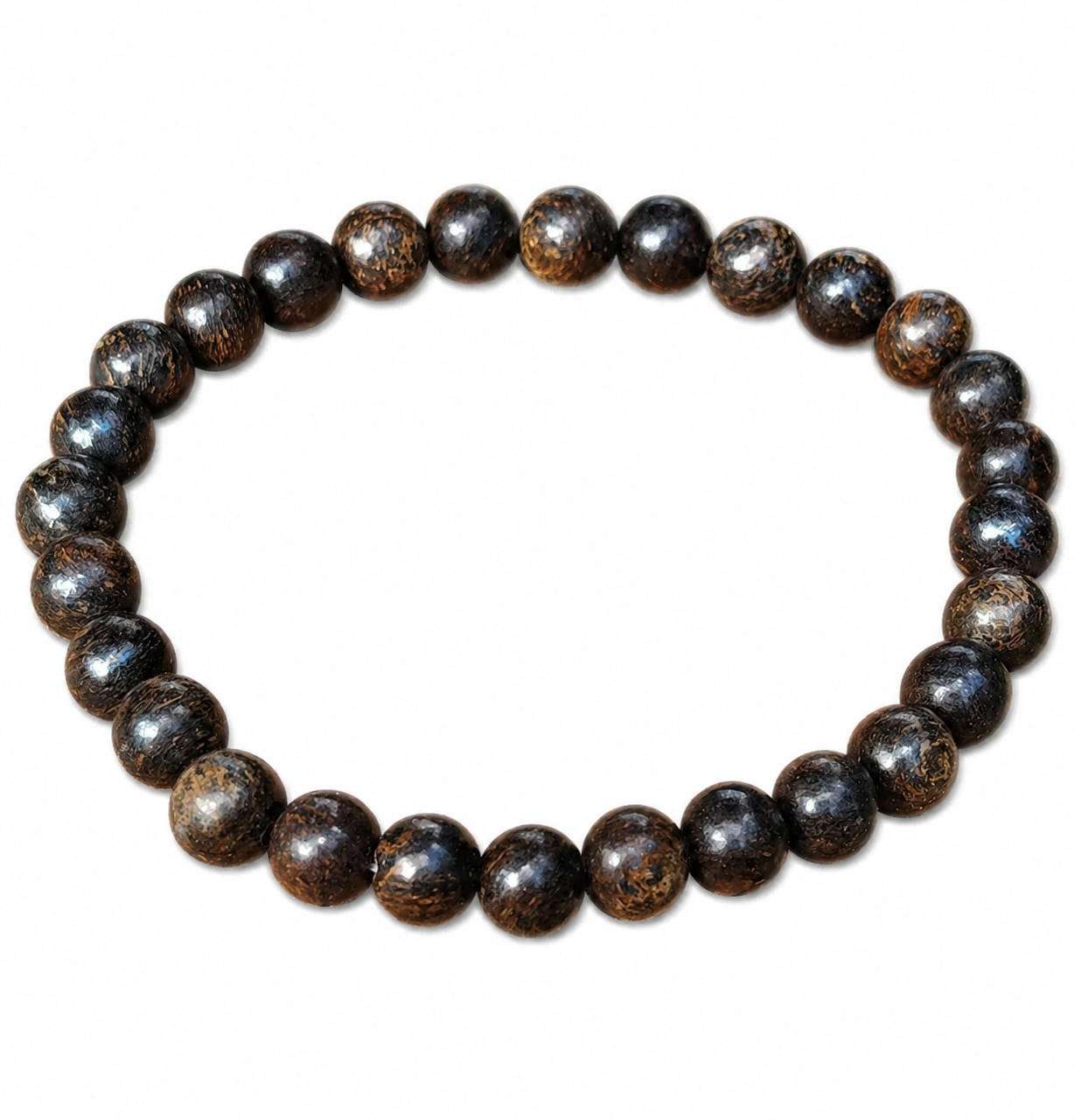 Bracelet bronzite détouré sur fond blanc, perles brunes brillantes aux reflets bronze, montage élastique simple et élégant.