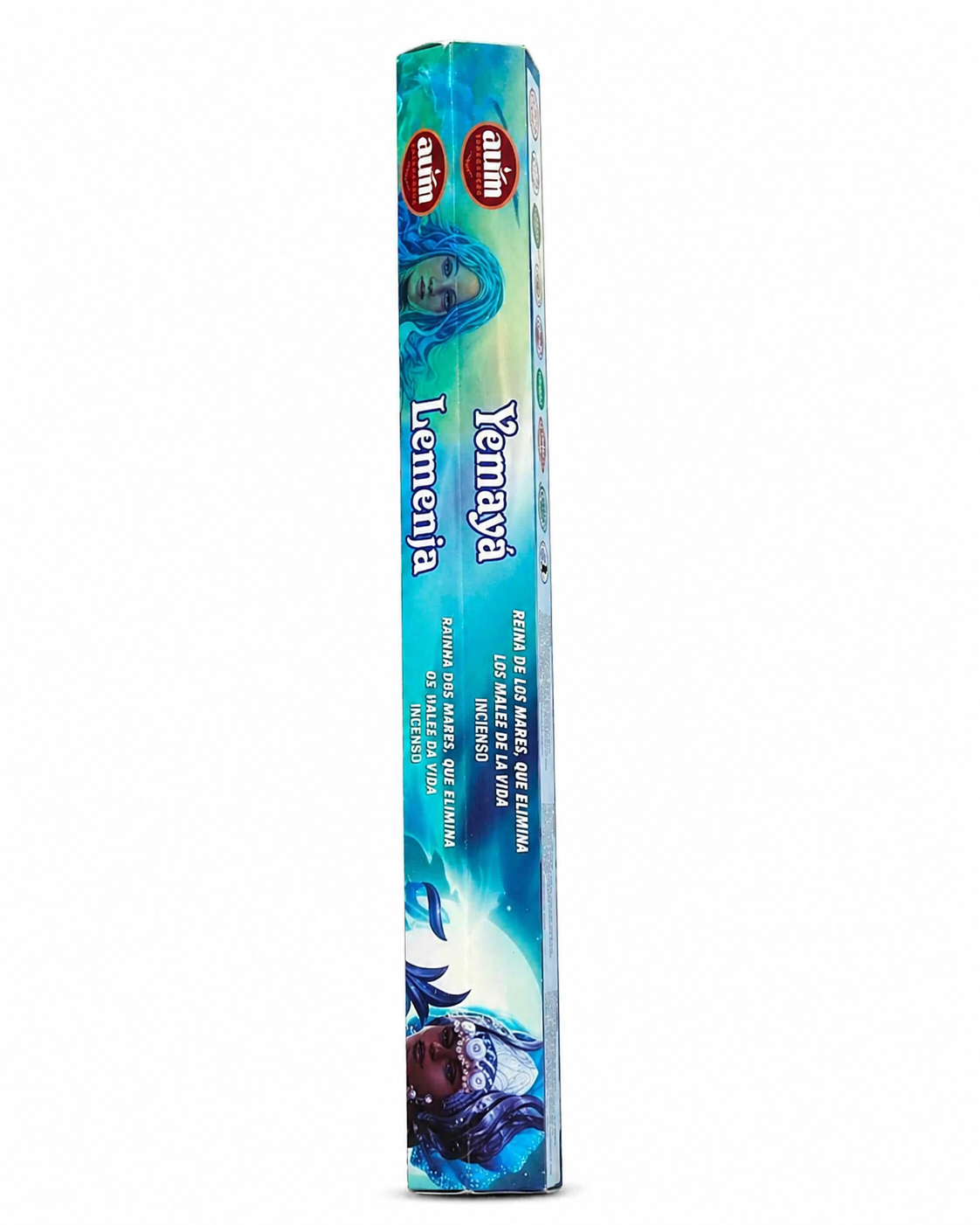 Encens AUM Yemayá Iemanjá présenté sur fond blanc, packaging bleu avec figure marine et bâtonnets parfumés.