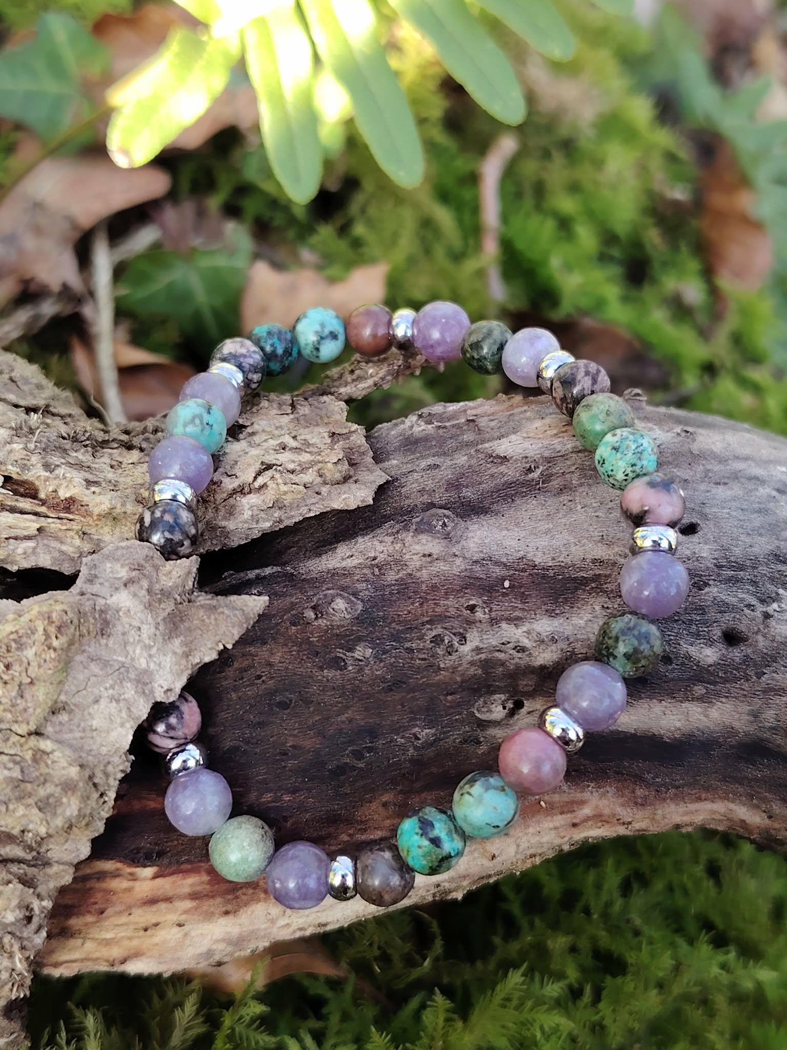 Bracelet équilibre émotionnel Magic Gaïa en perles 6 mm, tourmaline rose, turquoise africaine et rhodonite pour apaisement du cœur.
