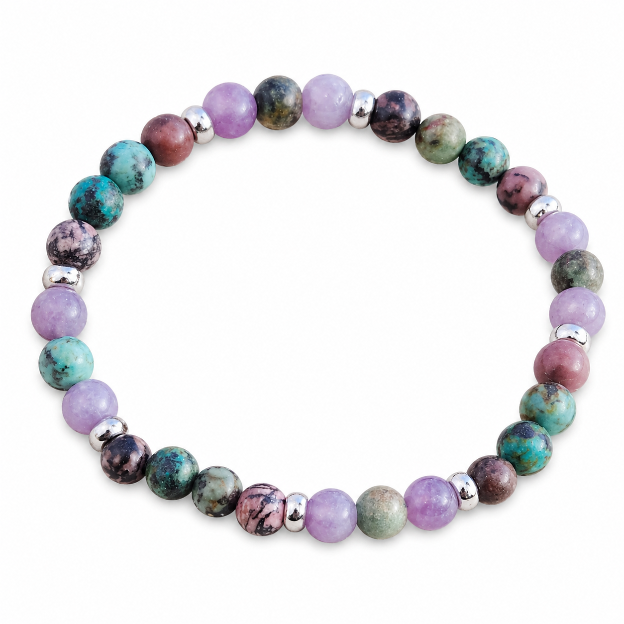 Bracelet équilibre émotionnel sur fond blanc, perles 6 mm en rhodonite, tourmaline rose et turquoise africaine pour recentrage.