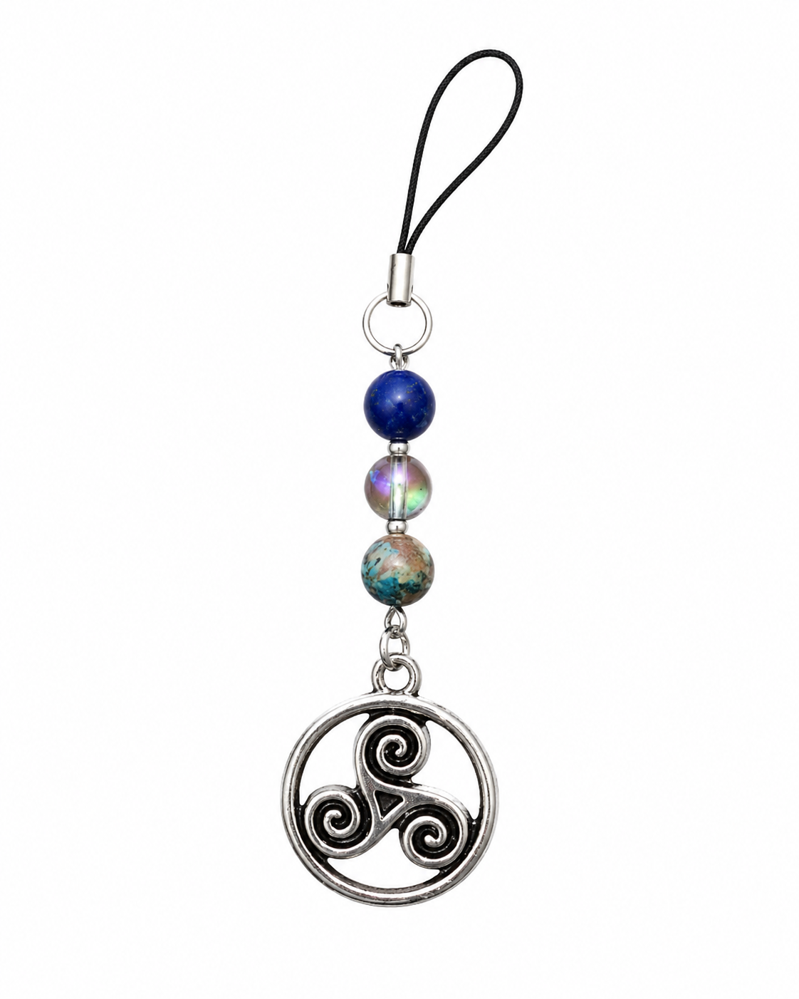 Bijou de téléphone triskèle sur fond blanc, création Magic Gaïa en lapis lazuli, aqua aura centrale et aqua terra pour clarté et protection symbolique.